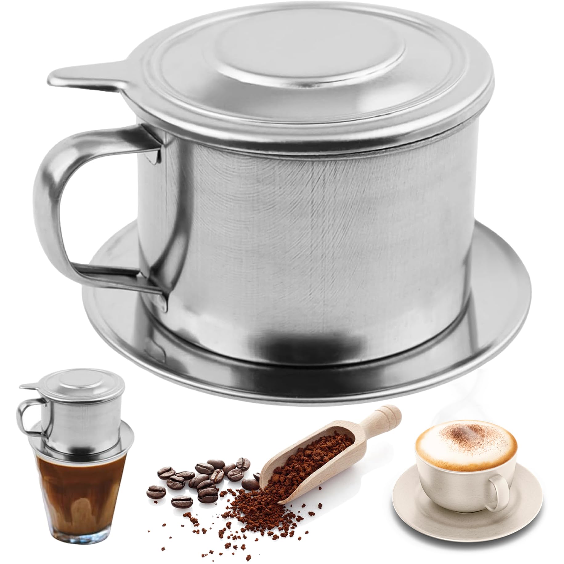 Sjfbebsy Vietnamese Coffee Dripper Stainless Steel, Slow Drip Coffee Maker with Lid Tray Filter & Handle, for Home Kitchen office Brewing