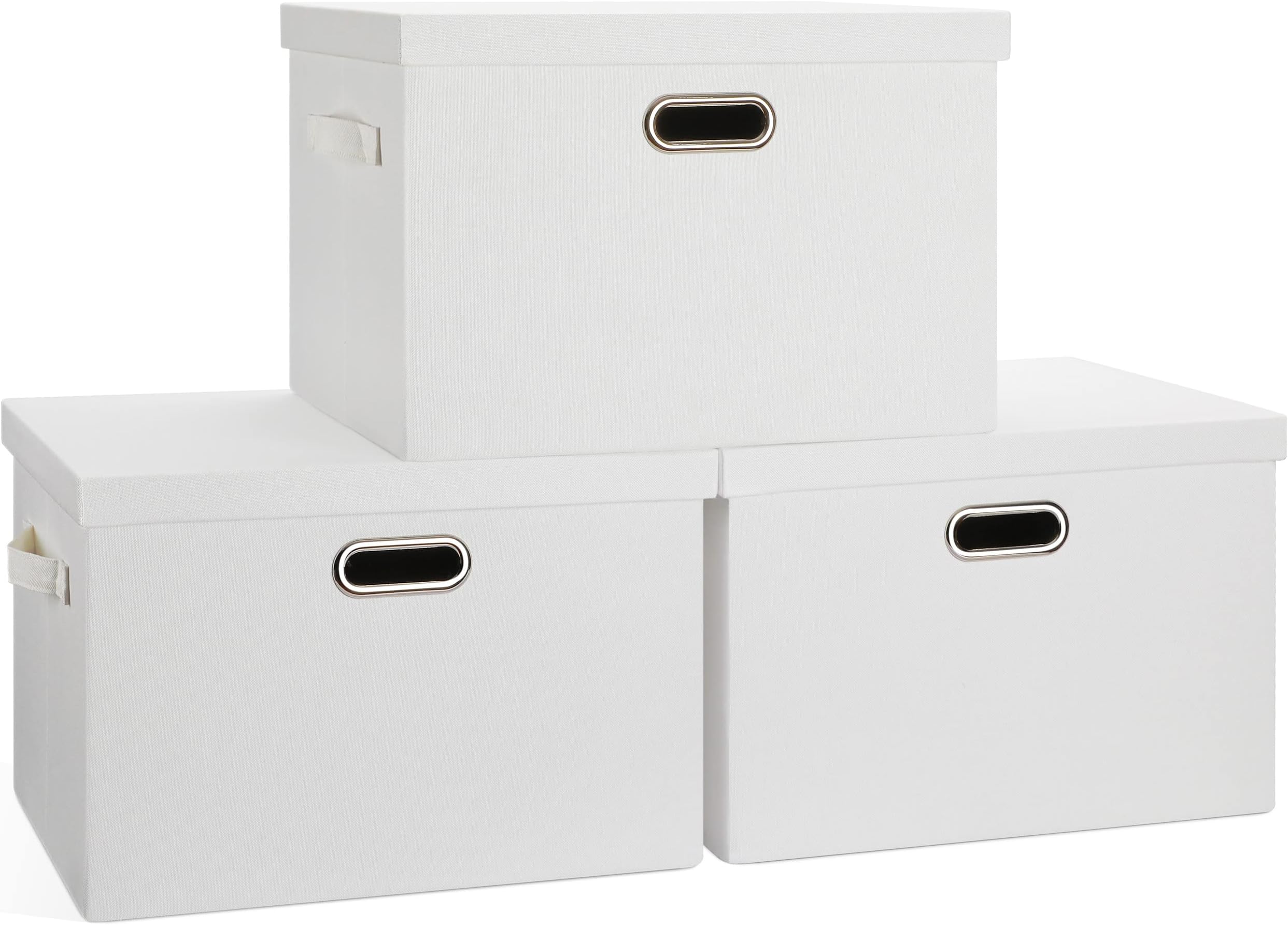Graciadeco Large 17" 36 Quart Collapsible Stackable Storage Bins with Lids, 3 Packs White Linen Fabric Closet Boxes with Lids, Storage Cube Baskets Container Organizers for Bedroom Office(17 x12 x11)