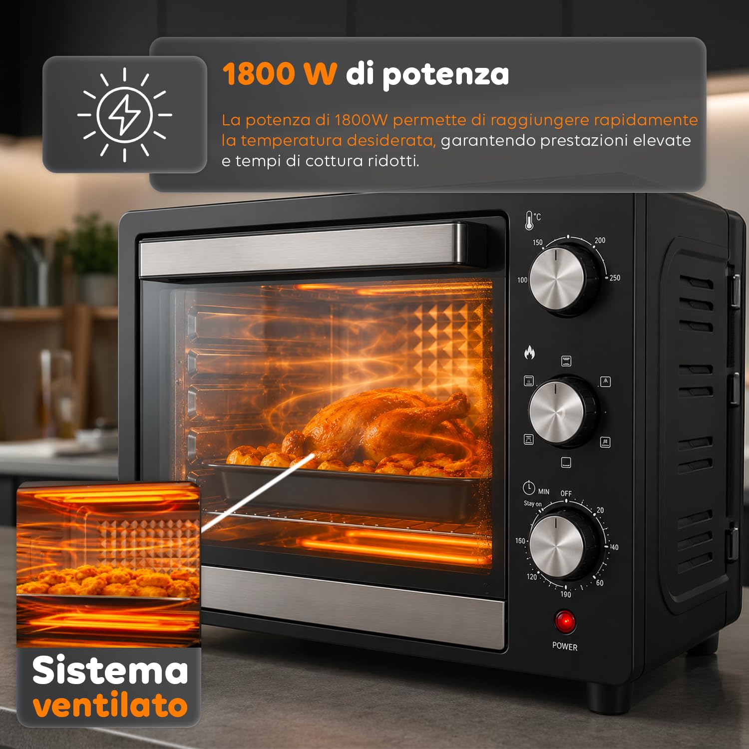 WINTEM Forno Elettrico da Banco 45 Litri Multifunzione Ventilato — Fornetto Elettrico con Timer, Doppio Vetro, Grill e Teglia in Acciaio Inox, 1800W