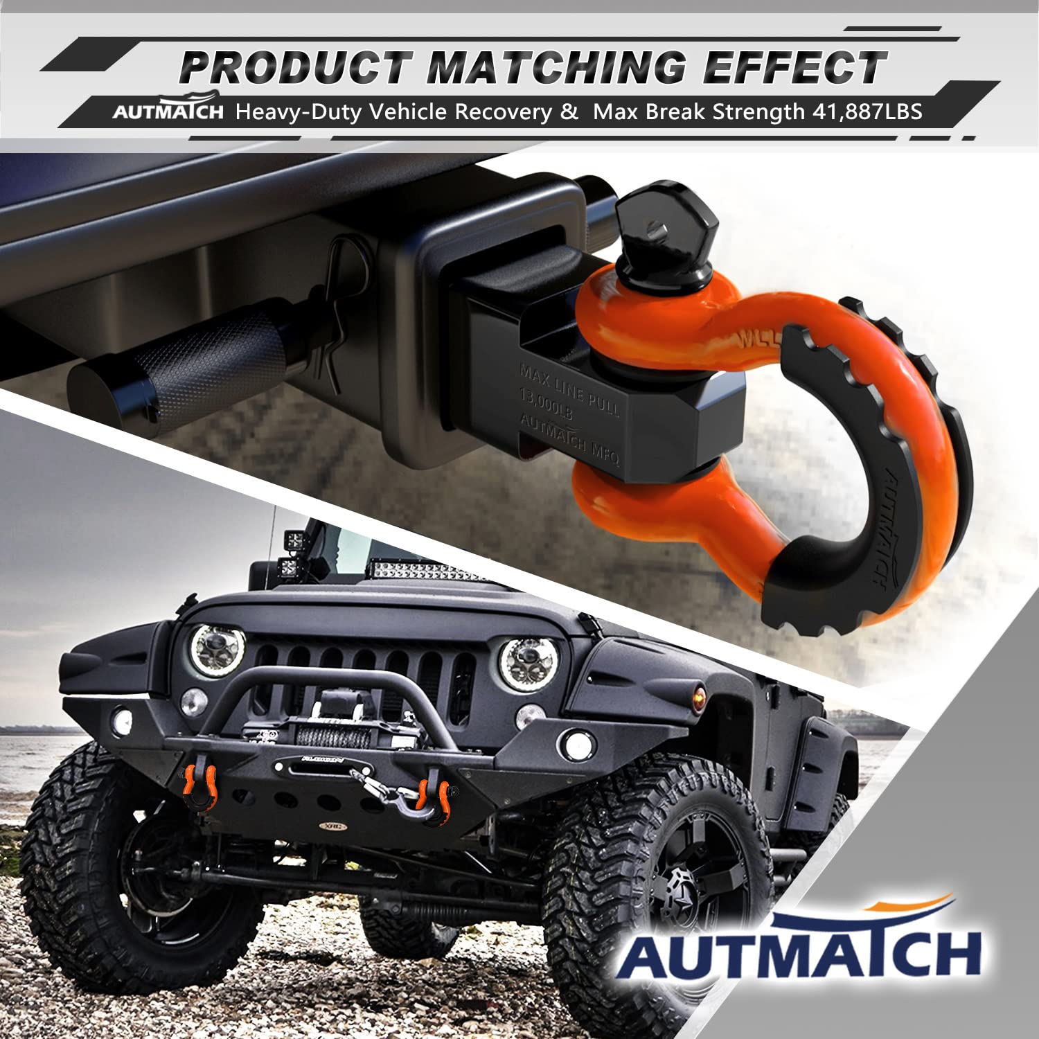 AUTMATCH 3/4" D-Ring Shackles (2 Pack) 41,887Ibs Break Strength with 7/8" Screw Pin and Shackle Isolator Washers Kit for Tow Strap Truck Off Road Vehicle Recovery, Orange & Black