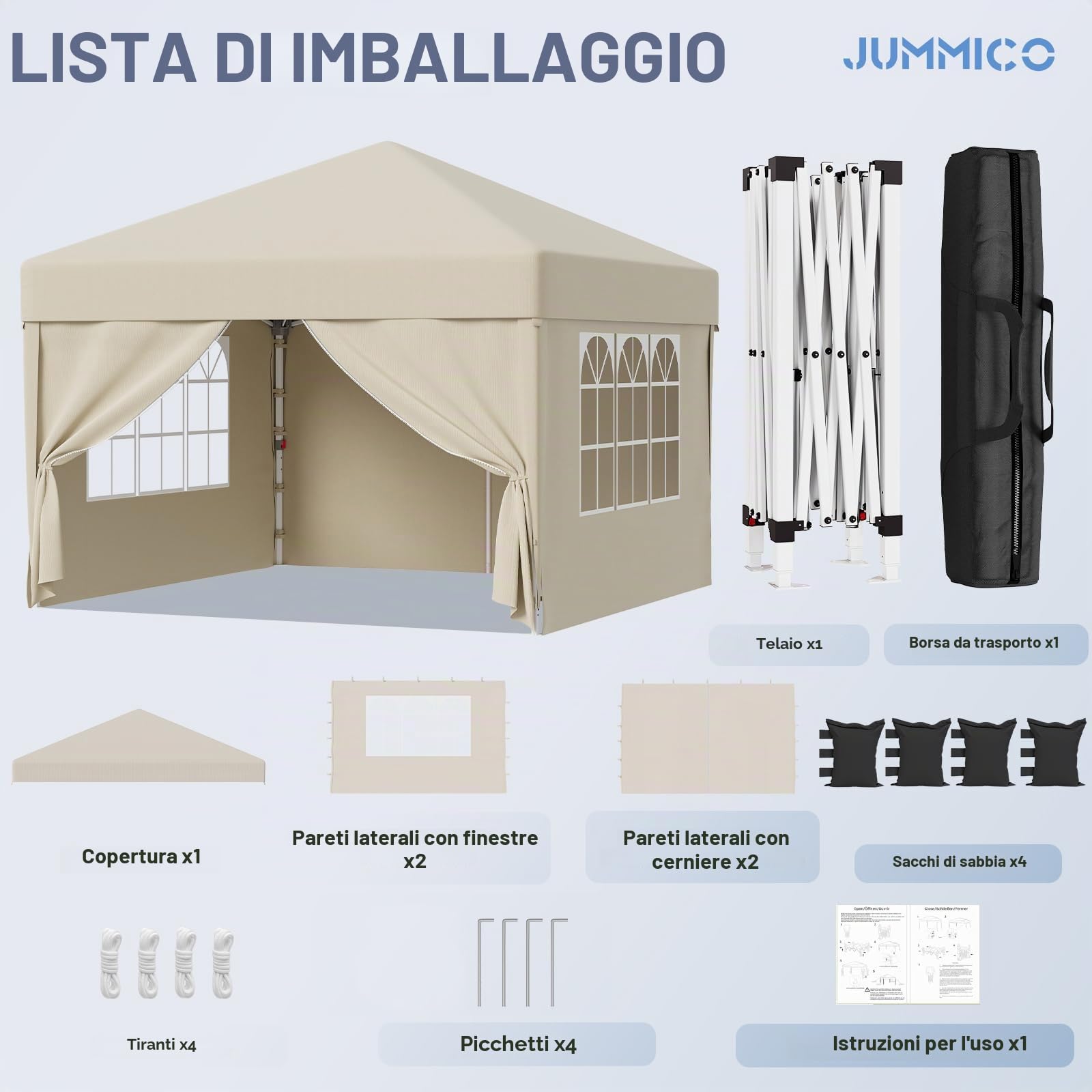 JUMMICO Gazebo 3x3 Pieghevole｜Assemblaggio in 5 Minuti｜Altezza Regolabile & 10cm più Alta｜Stabile al Vento & Impermeabile｜Protezione UV 50+｜Per Giardino, Campeggio & Feste Beige