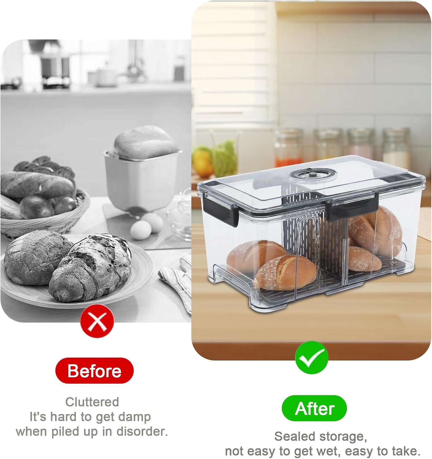 Bread Box for Kitchen Countertop,Kitchen Airtight Food Storage Containers,Large Bread Container Boxes with Vacuum Pump,Breades basket Storage Keeper with Time Recording & Draining Basket