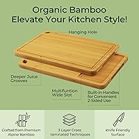 Vista 4 de Tabla de Cortar de Madera para Cocina - Juego de Regalo de 3 Tablas de Cortar Reversibles de Bambú con Ranura para Jugos, Tabla de Cortar de Madera