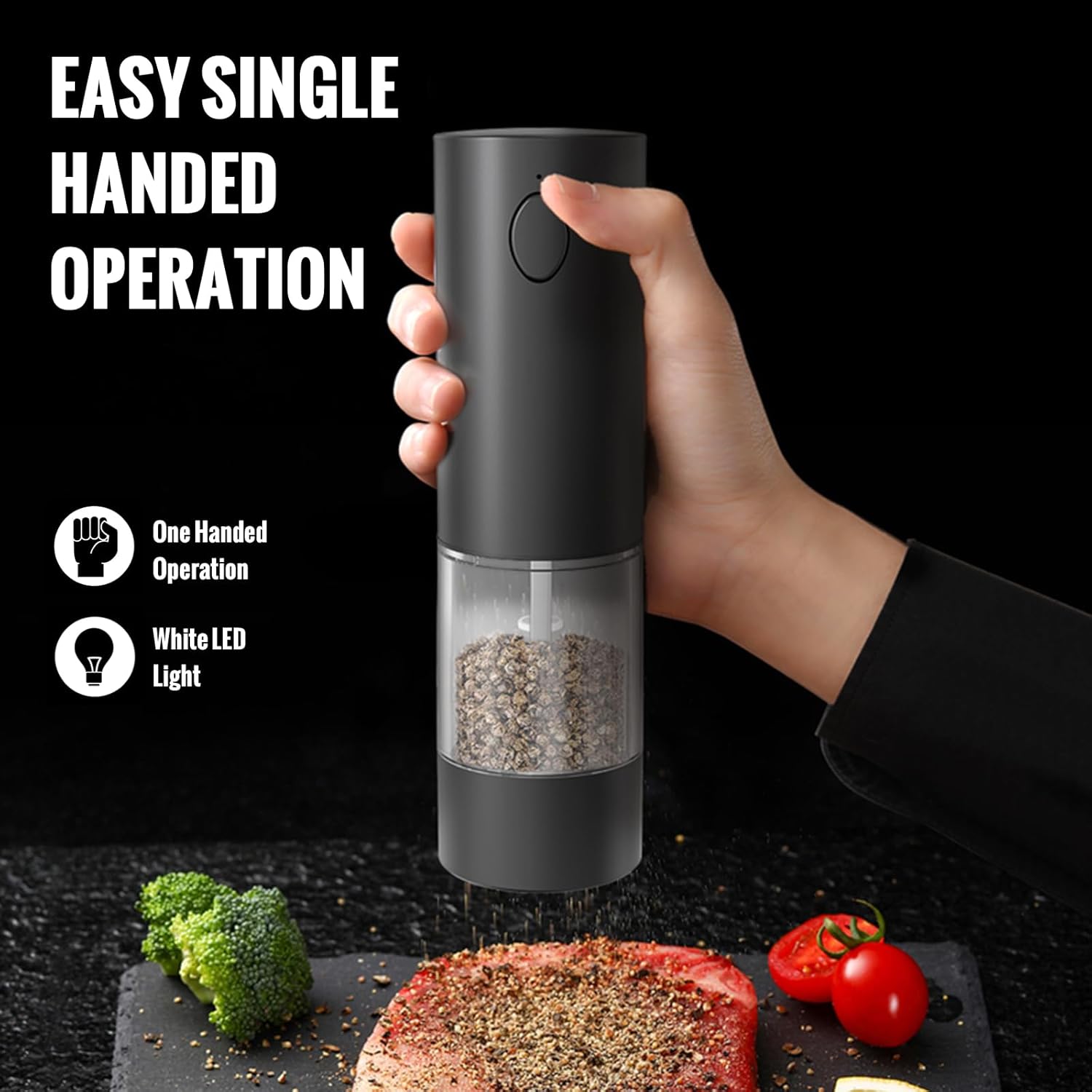 Electric Salt and Pepper Grinder Set, Rechargeable Automatic Salt and Pepper Grinder Set, One Hand Operation with LED Light, Adjustable Coarseness, Refillable, 95ml, Black (2 Pack)