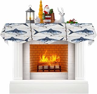 Marine Life Fireplace Mantel Scarf 70 x 17 in Vintage Blue Tuna Oil Painting Wood Texture Reusable Mantel Cover for Holiday Party Home Living Room Decoration
