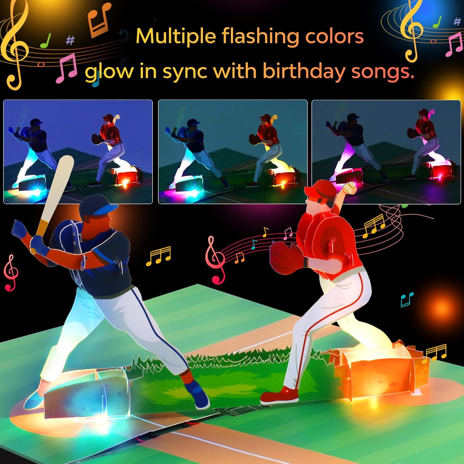 Magic Ants Musical 3D Pop-Up Baseball Card, Plays "Happy Birthday to You" Tune, Light-Up Baseball Scene with Batting & Pitching Players, Interactive Greeting Card for Baseball Fans, Players, Coaches, Collectors - Image 2