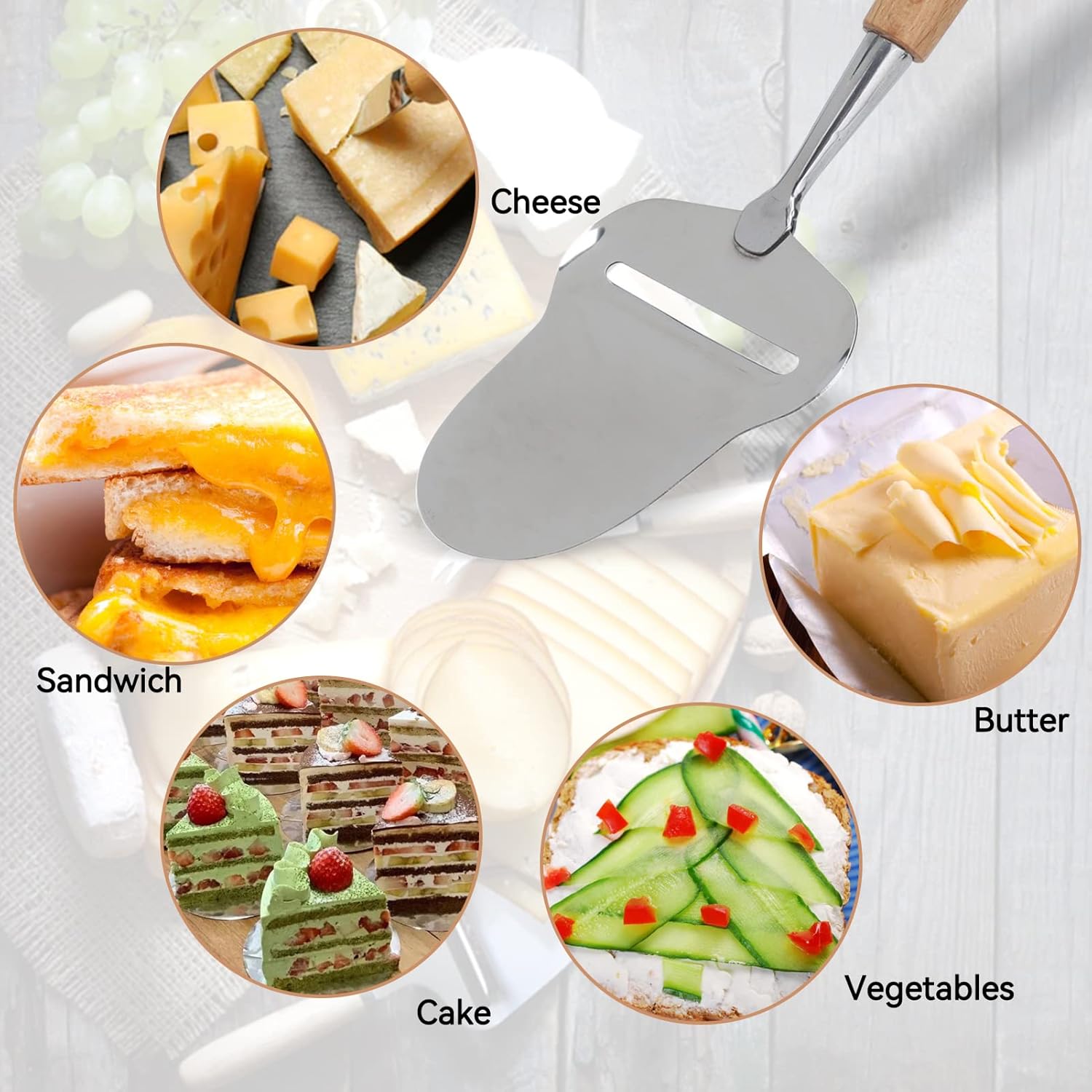 Cheese Slicer,Cheese Butter Slicer Scraper Server,Manual Cheese Slicer Grater Peeler Plane with Wooden Handle Stainless Steel Sharp Blade Cheese Plane for Cheeses Citrus and Hard Vegetables - Image 5