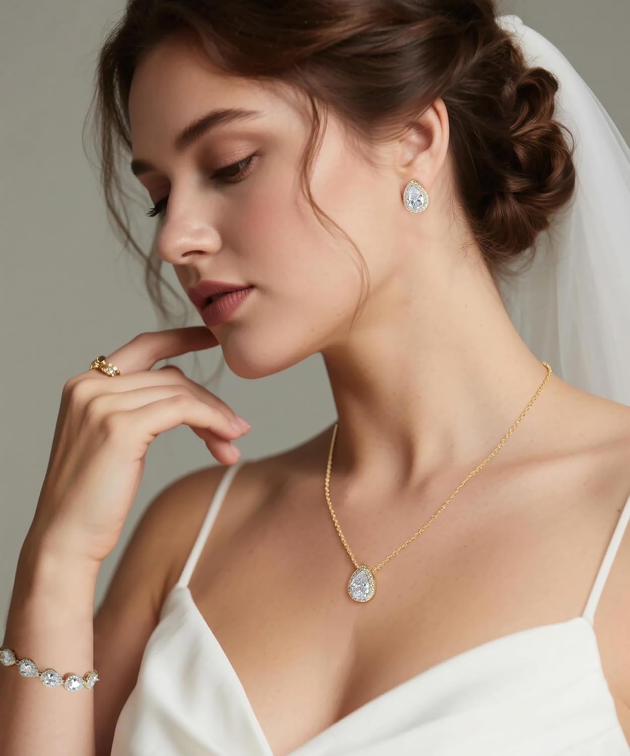 UDYLGOON Cubic Zirconia Wedding Jewelry Sets for Bride Bridesmaid, Teardrop Earrings Pendant Necklace Adjusable Bracelet Party Wedding Homecoming Jewelry