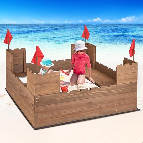 Miniatura 2 de HONEY JOY Caja de arena para niños, pozo de arena sin fondo de cedro para patio trasero, 4 banderas rojas y forro inferior, banco lateral y 2 cajas,