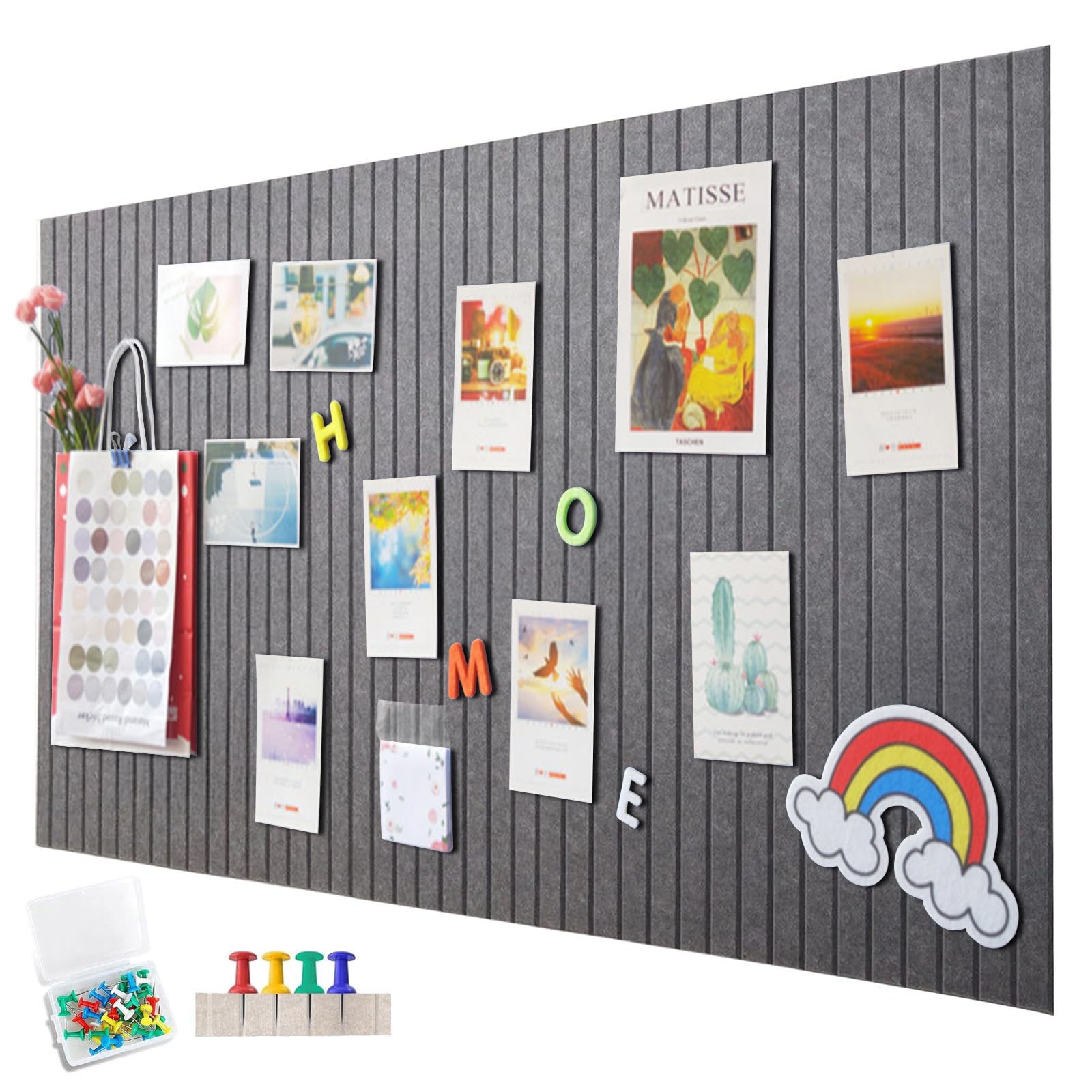 EUBSWA 120 x 90 cm Large Felt Notice Board, Self-Adhesive, Vertical Stripes, Decorative Notice Board, Felt Board, Foldable Photo Board, Memo Boards, Bulletin Board for Office, Kitchen, White