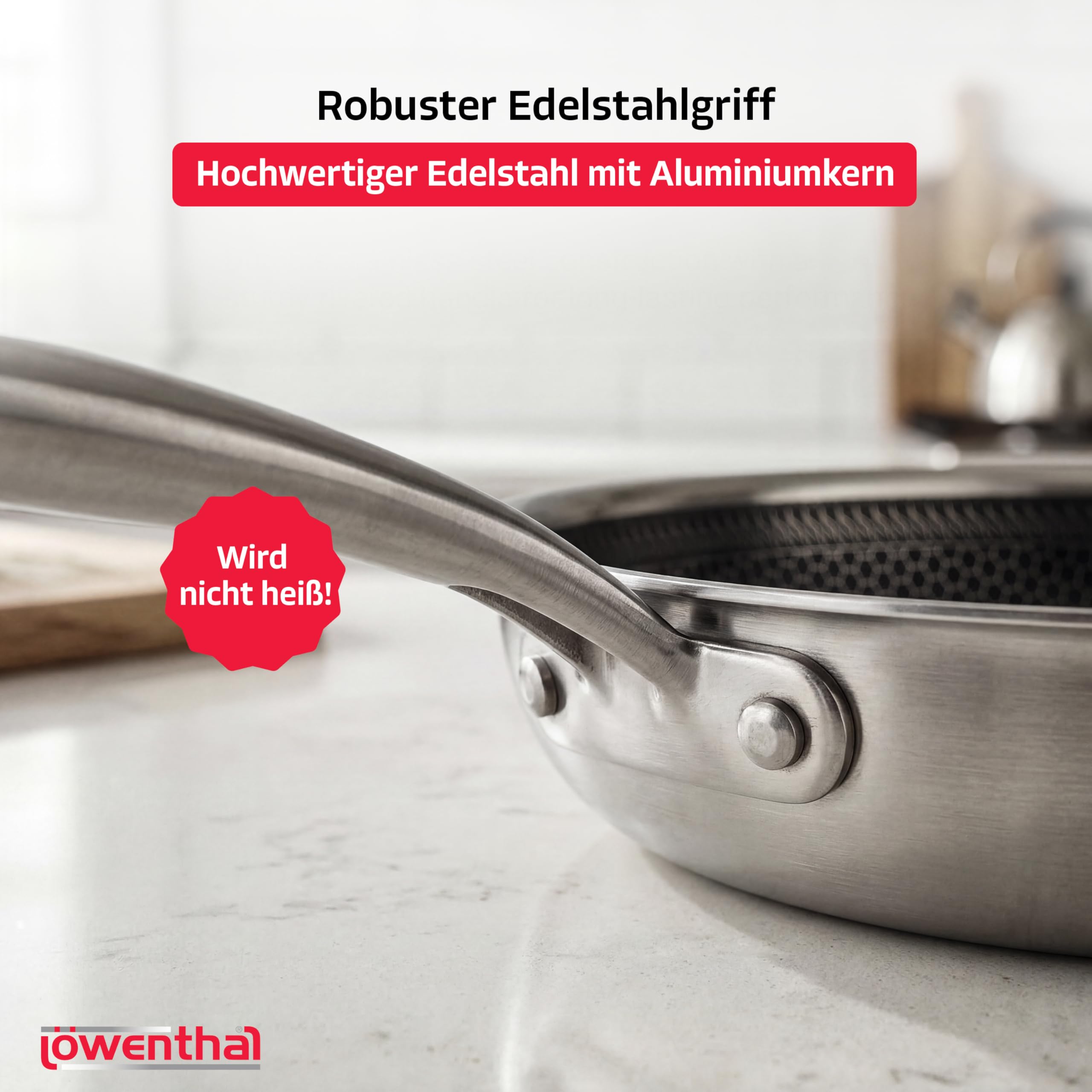 Löwenthal® Bratpfanne 28 cm | Edelstahl Pfanne mit Wabenstruktur | Keramische Antihaftbeschichtung | Kratzfest | PFAS- & PTFE-frei | Induktion alle Herdarten | Spülmaschinenfest | Backofenfest 280°C