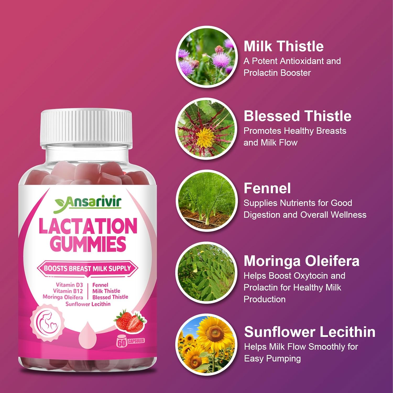 Lactation Supplement Gummies – Powered by Moringa, Fennel, Sunflower Lecithin, Milk Thistle, Blessed Thistle, Plus Vitamins D3 & B12 – 60 Gummies for Breastfeeding Support & Milk Supply Boost - Image 2