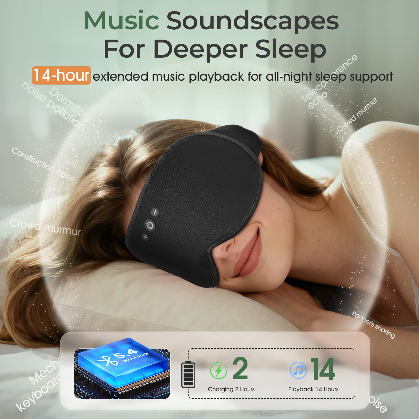 MUSICOZY Máscara para dormir de algodón de bambú, máscara de ojos con peso 3D, 100% opaca, Bluetooth 5.4, máscara de dormir cero presión ocular, máscara de ojos cálida y refrescante, auriculares para