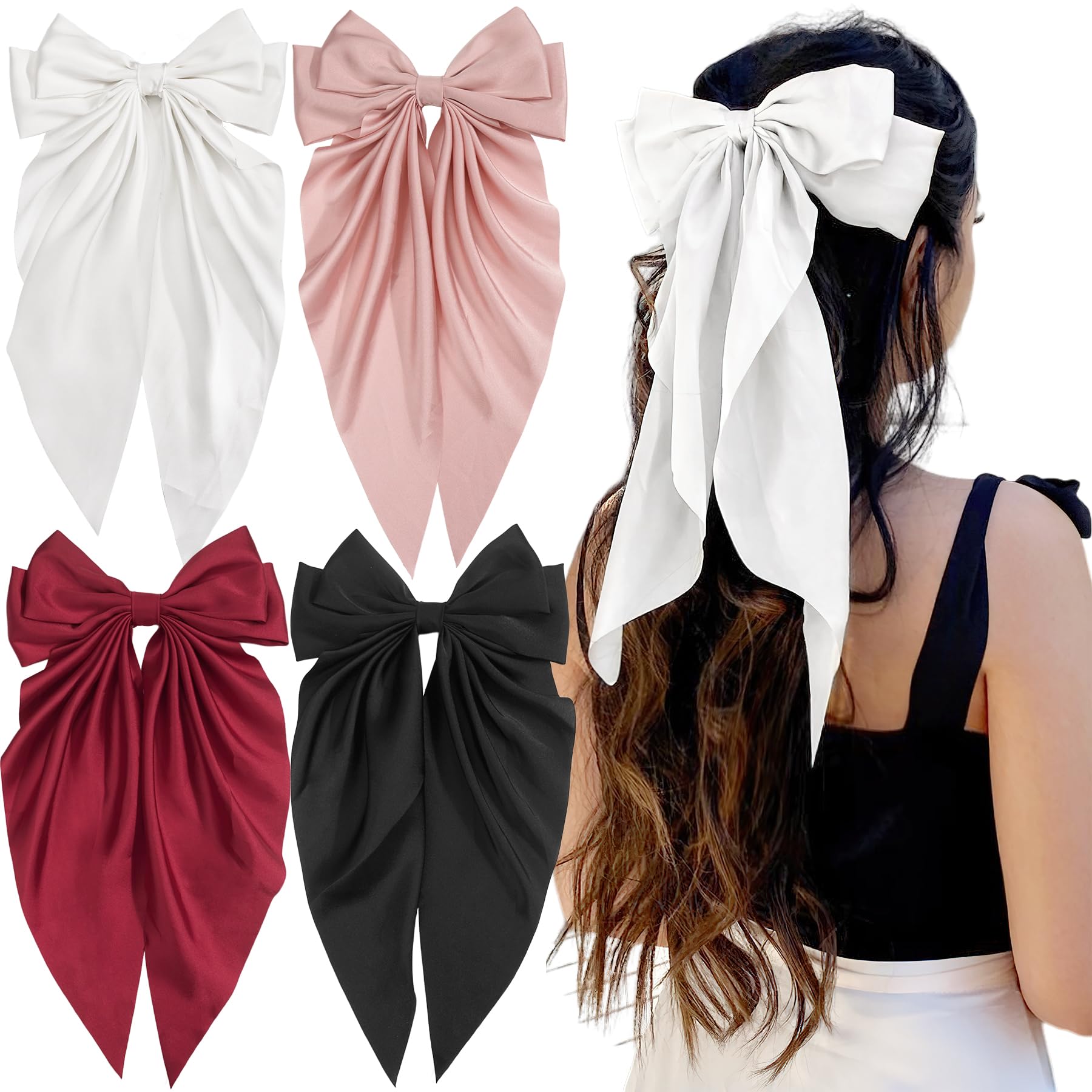 Silky Satin Hair Bow Clip for Women, 13inches 4PCS Long Tail Large Bow Hair Slides Metal Clips French Barrette Soft Plain Color Big Bowknot Hairpin