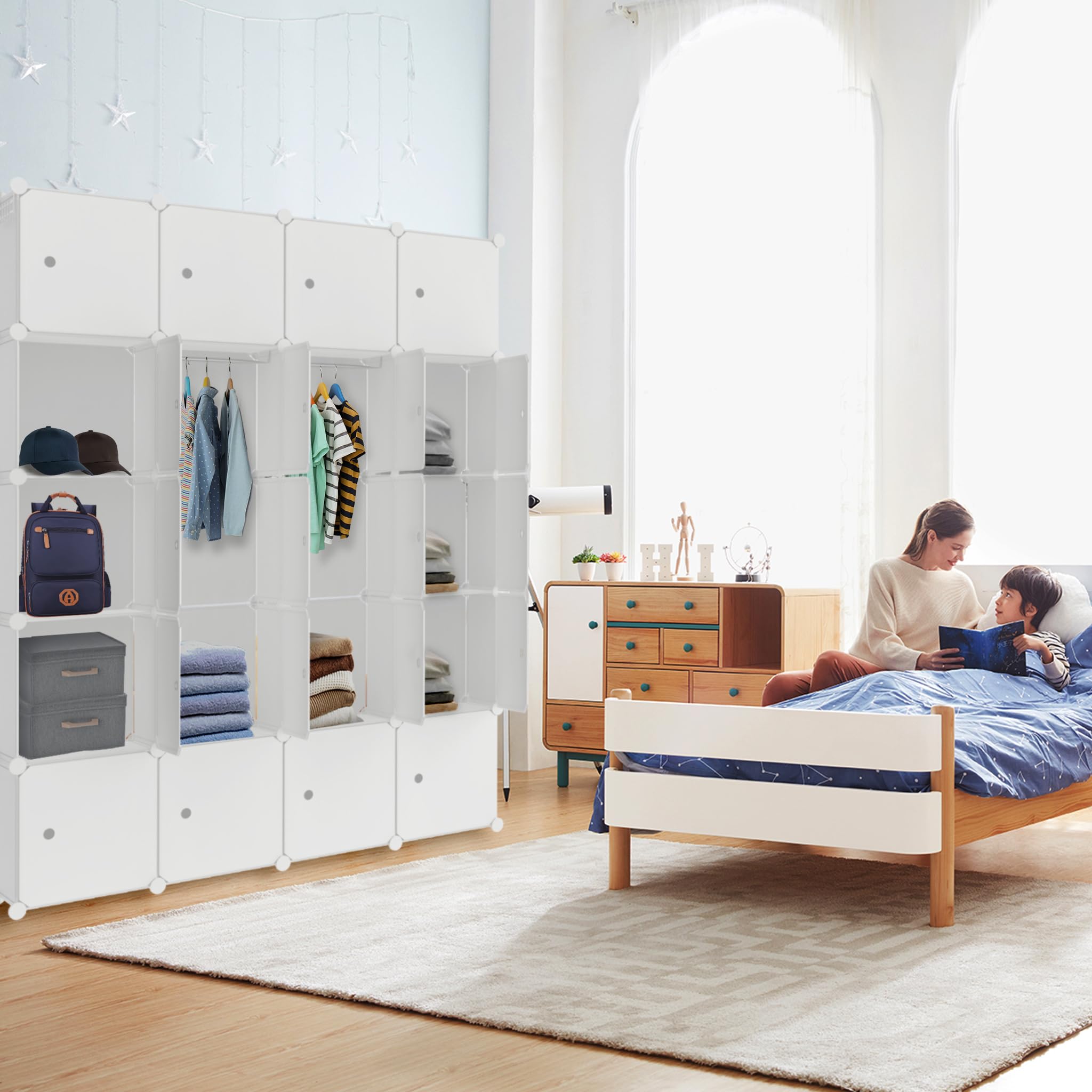 HENGMEI Kleiderschrank Würfelregal PP-Kunststoff Kleiderständer (20 Boxen, Weiß)