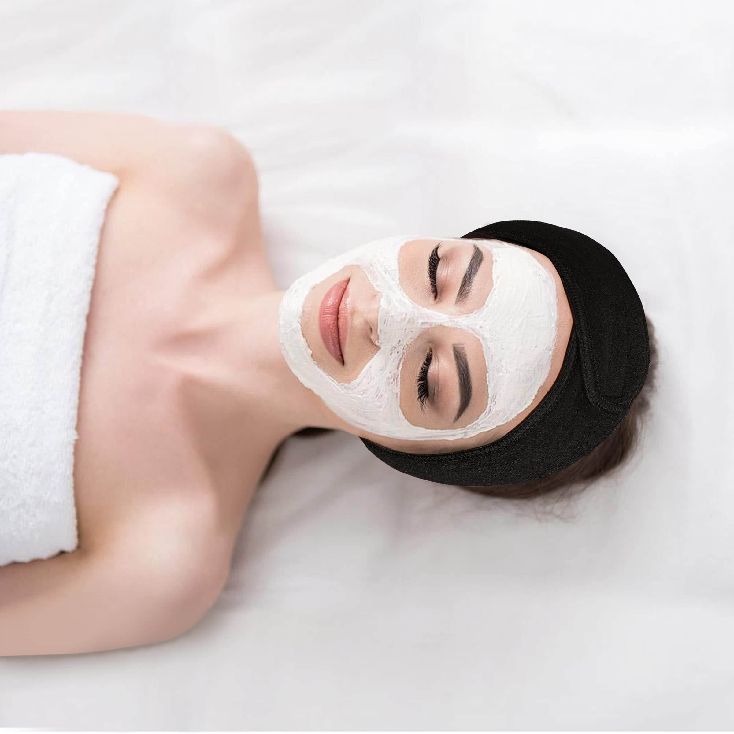 Diademas faciales de spa, 4 unidades, para maquillaje, ducha, baño, diadema deportiva, toalla elástica de tela de rizo con cinta mágica (negro)