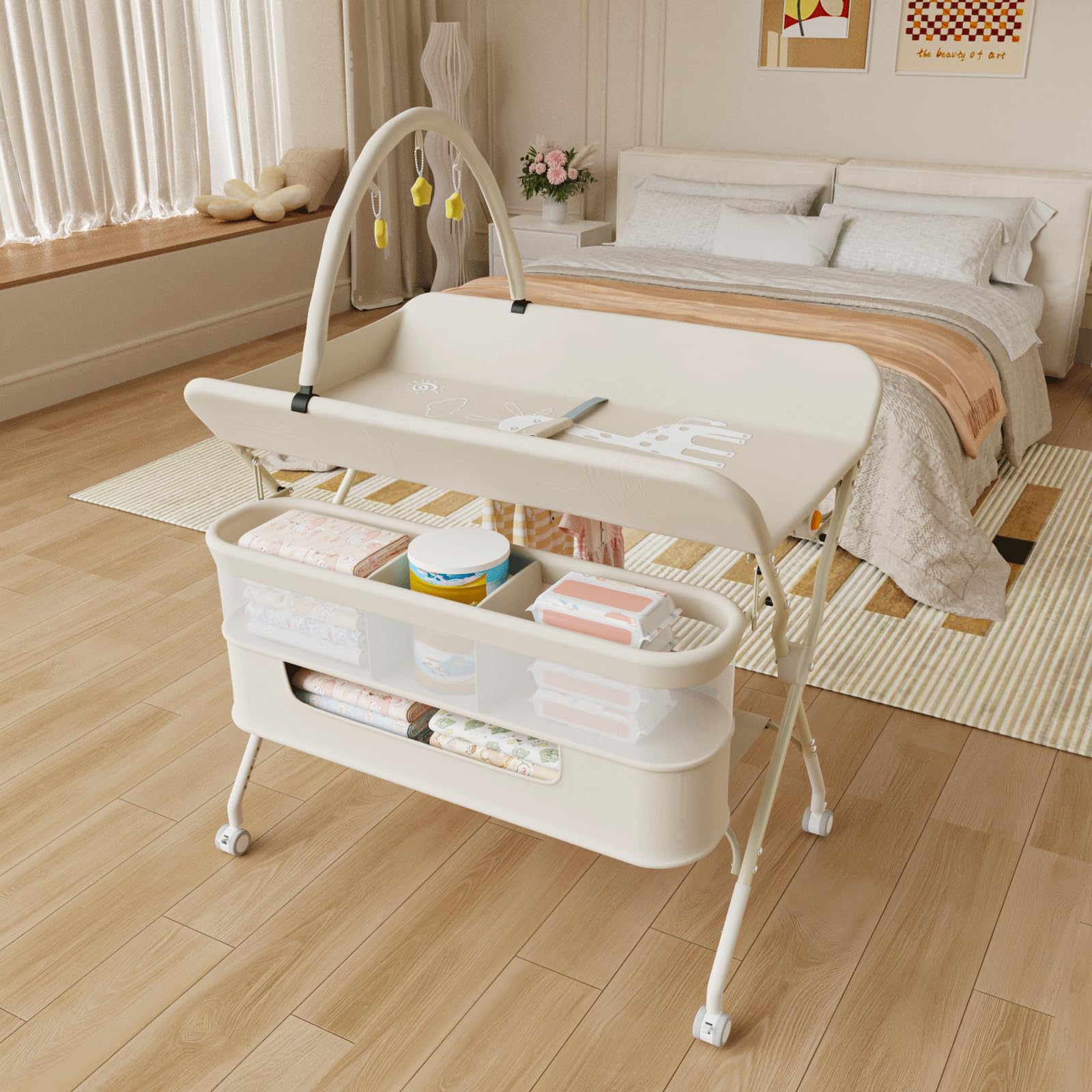 Table à Langer avec roulettes, Pliable, Tapis à Langer Portable, 5 Niveaux réglables, Panier de Rangement à Suspendre pour Nouveau-né, pour Chambre de Bébé,75 * 68 * 83-91cm (B) Blanc crème