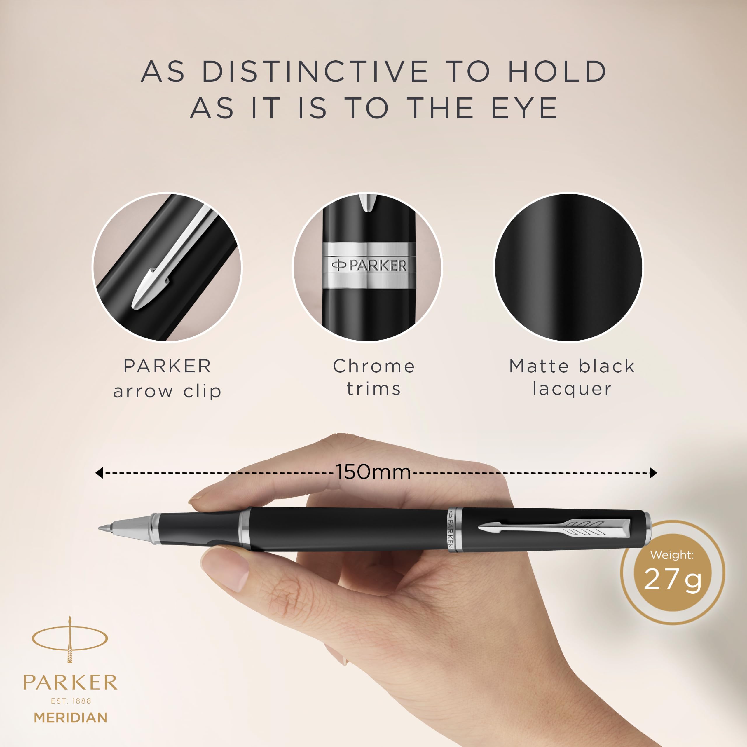 Parker Meridian Stylo roller | Laque noire mat avec garnitures chromées | Plume fine | Stylos pour l'écriture et Fournitures de papeterie | Encre noire | Boîte cadeau de luxe