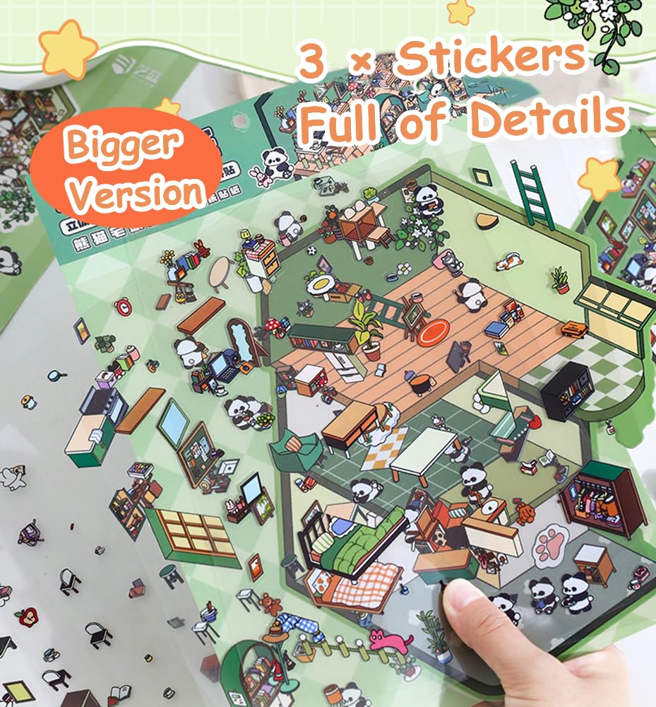 Wnqou 2 Sets DIY 3D House Stickers & Large 3D Miniature Simulated Cabin Scene Stickers - Cute Cartoons for Adults & Kids, Fun Rabbit Reading Room & Panda Cottage Product Image 5