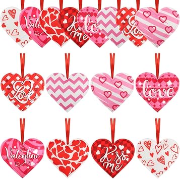 16Pcs Valentines Decorations for Tree Colorful Heart Ornaments Romantic Wedding Wooden Hanging Ornaments Red Pink Love Hearts Shape Valentines Ornaments Heart Decorations for Indoor Outdoor Home Decor