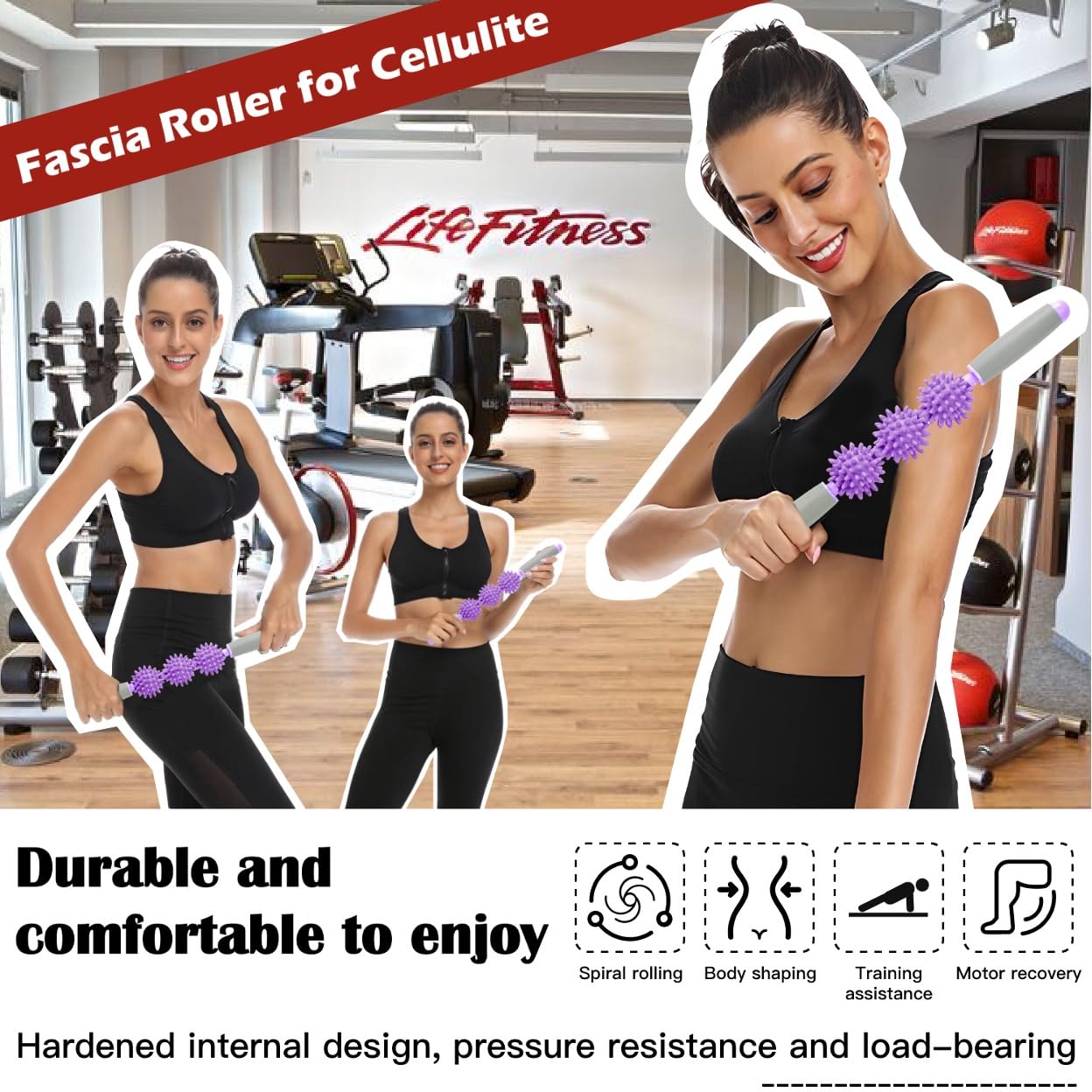 Fascia Muscle Roller, Cellulite Massager Fascia Roller for Cellulite and Sore Muscles, Neck, Leg, Back, Pressure Trigger Point Body Roller Deep Tissue Massage Stick Tools - 3 Massage Balls | Purple