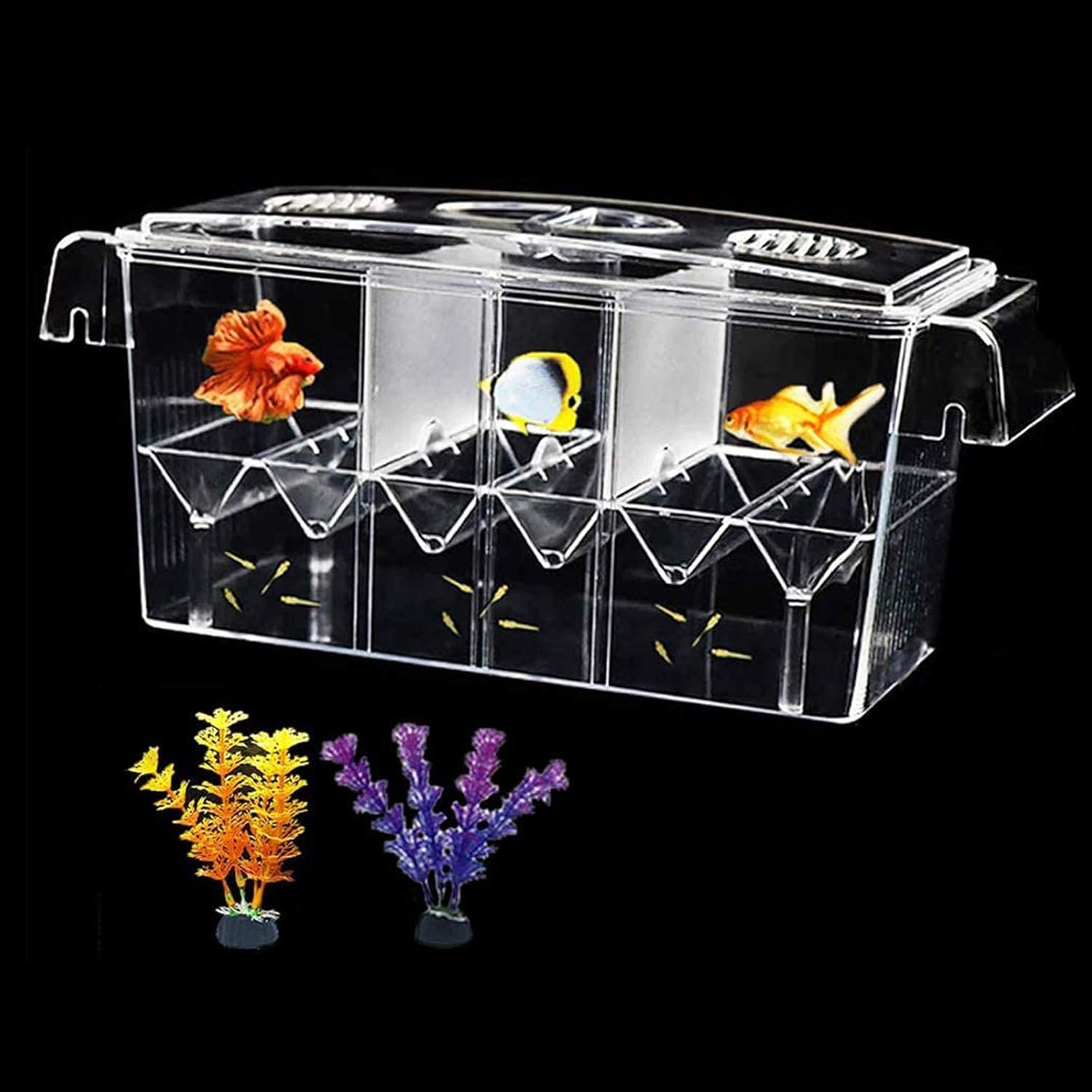 Tfwadmx Fish Breeding Box, 3 Rooms HD Aquarium Breeder Box with Suction Cups Hatchery Acrylic Fish Incubator Isolation with Artificial Plant for Guppy Hatchery