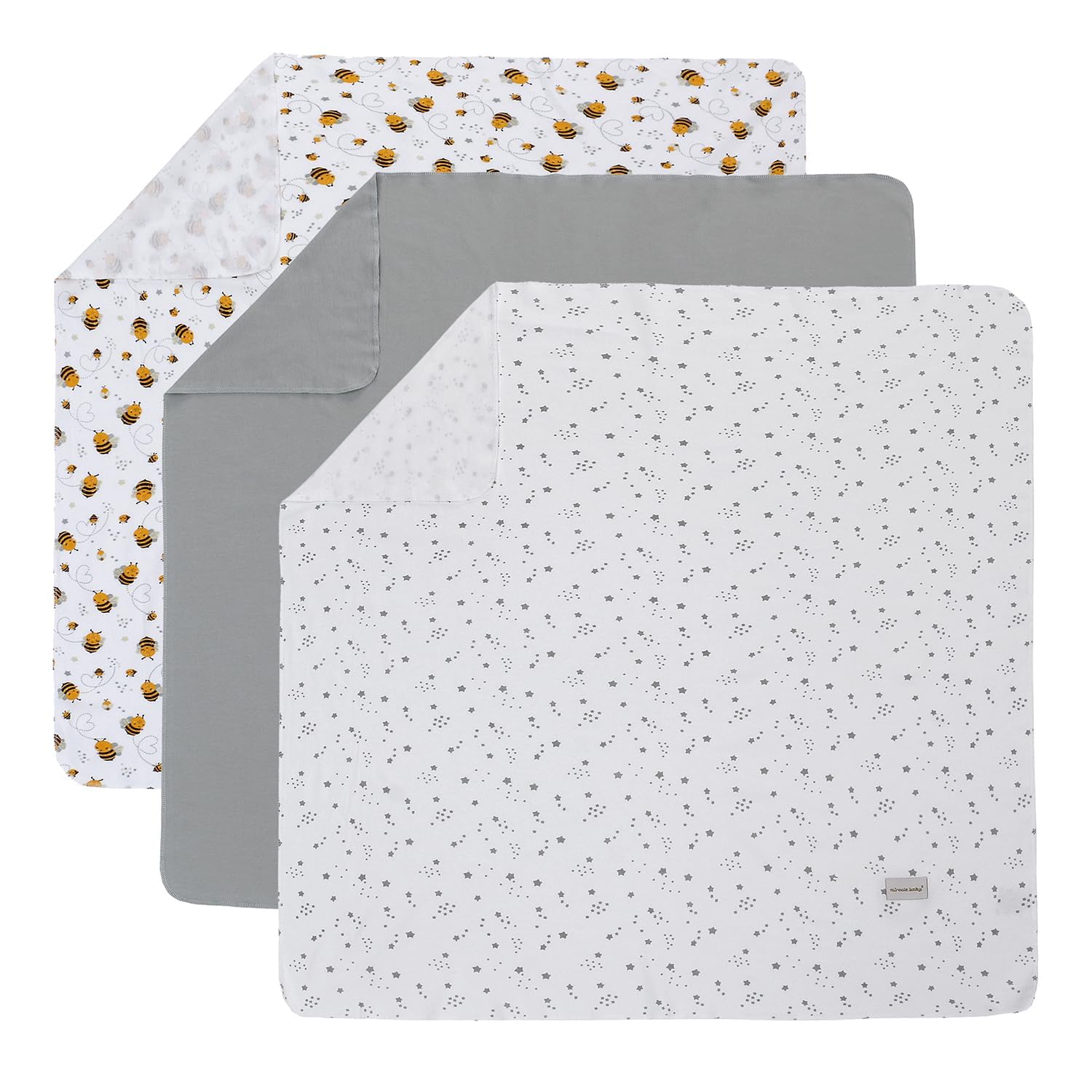 3 Pack Baby Blanket Set for Newborn 100% Cotton Newborn Swaddle Wrap 90 x 90cm Unisex Printed Soft Knitted Baby Receiving Swaddle Blanket for Girls and Boys （Gray Bee Stars）