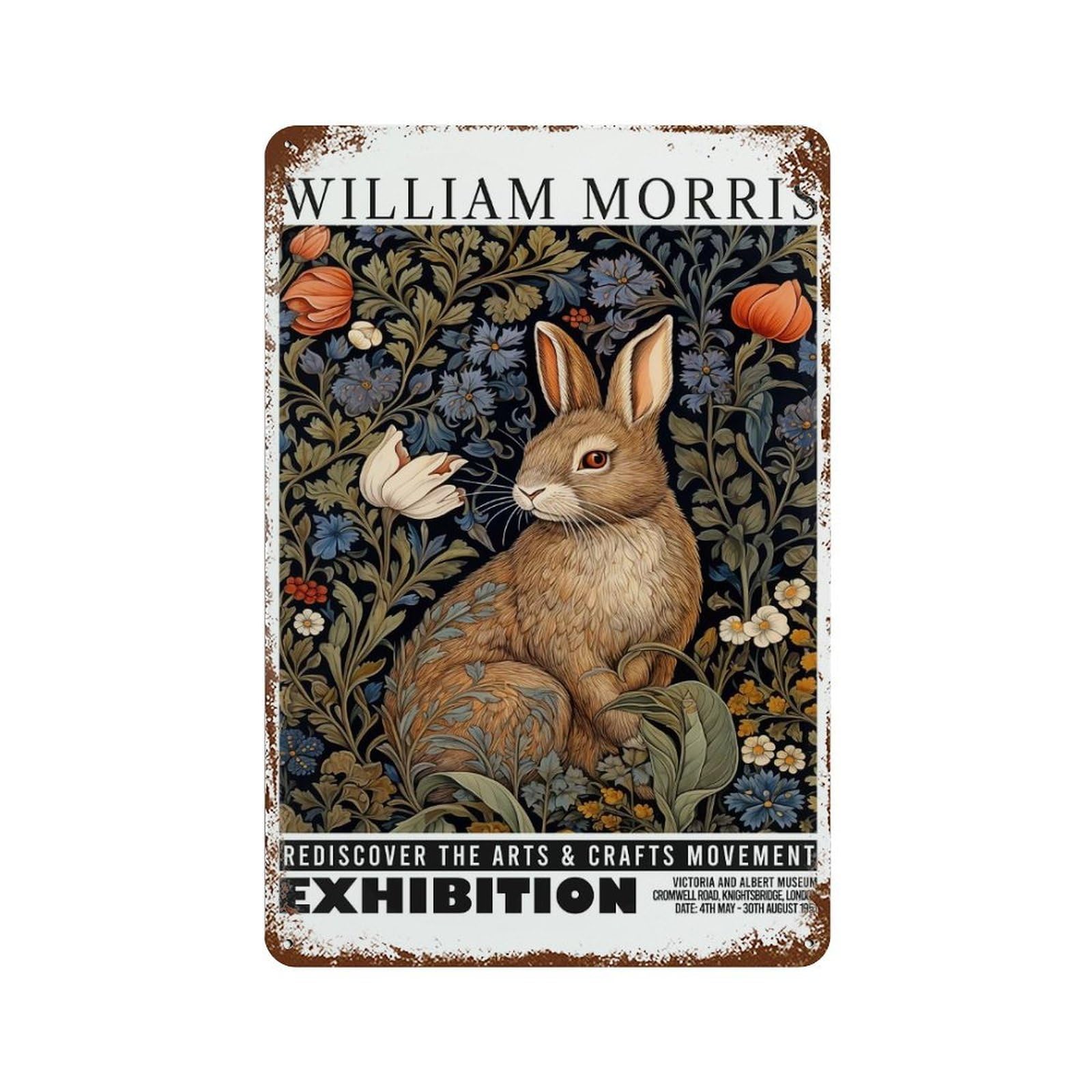 Morris Rabbit Botanical Exhibition 11.8"x7.9" Decorative Tin Sign, Retro Wall Decor for Bistro, Counter And Cafe Decor