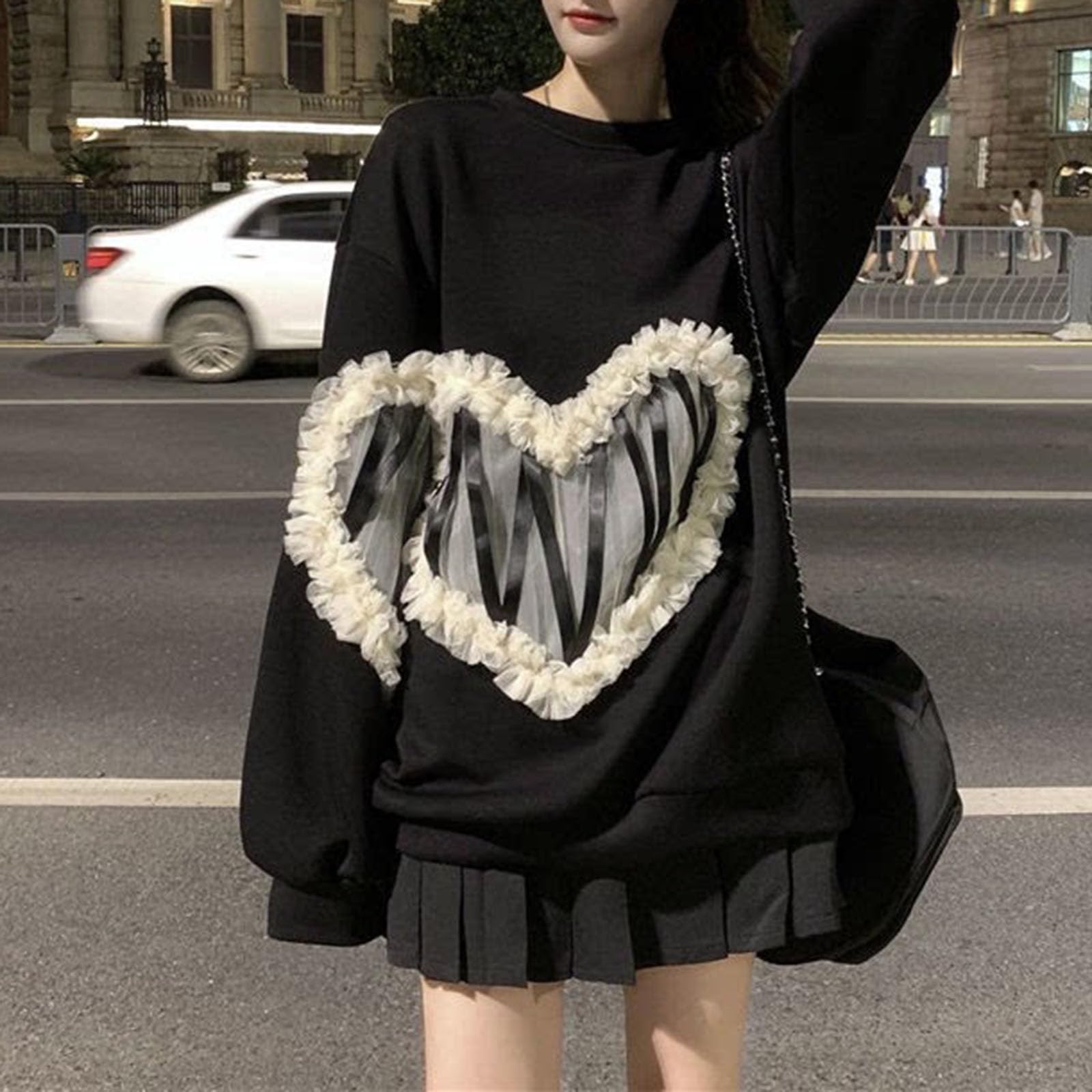 Felpa Oversize da Donna con Girocollo, Motivo a Cuore, Manica Lunga, Top Casual