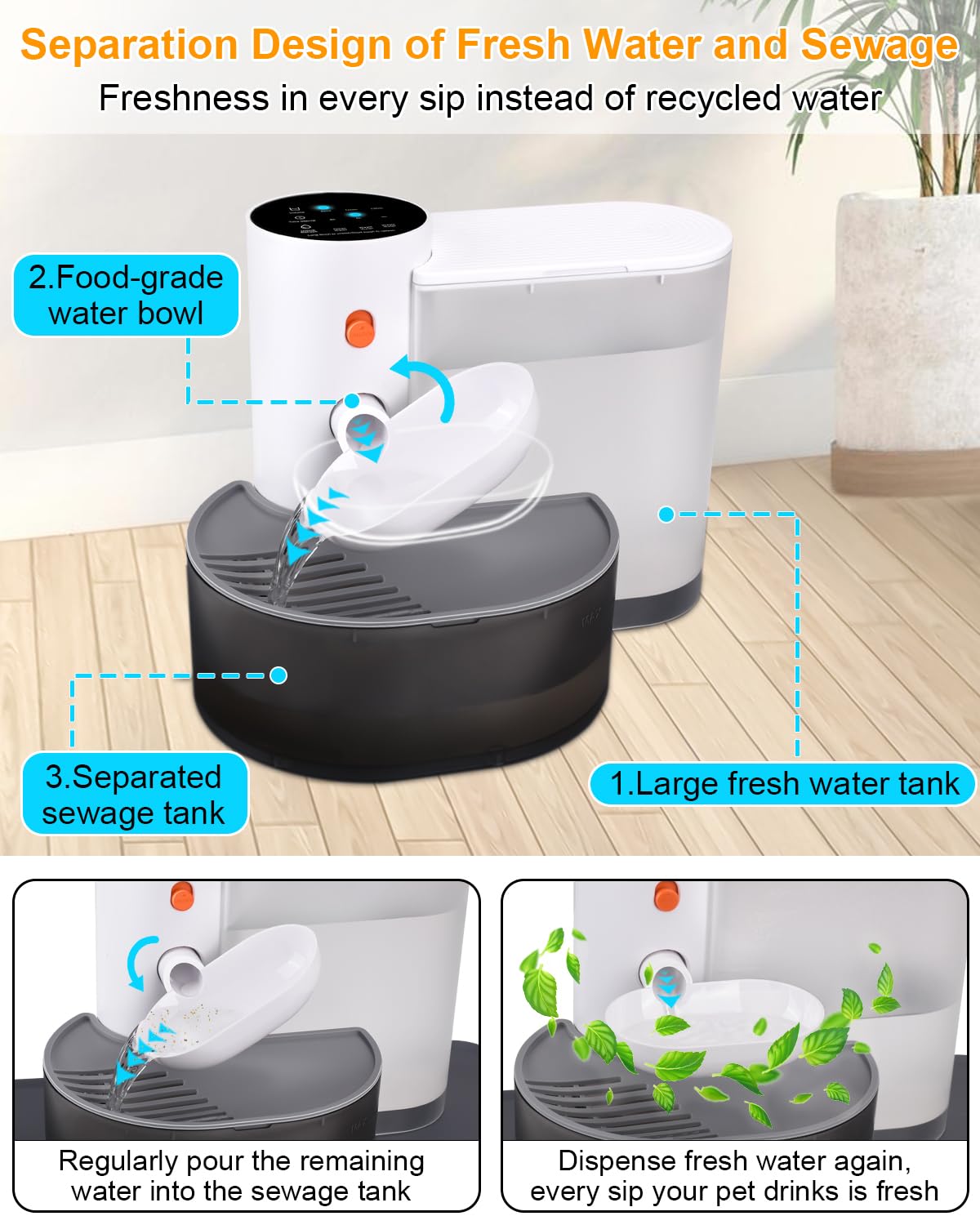 Fuente de agua inteligente para mascotas, fuente de agua para gatos sin filtro, fuente de agua ultra silenciosa de 3L/2,891.7 g, diseño de separación (incluye una alfombrilla de silicona para