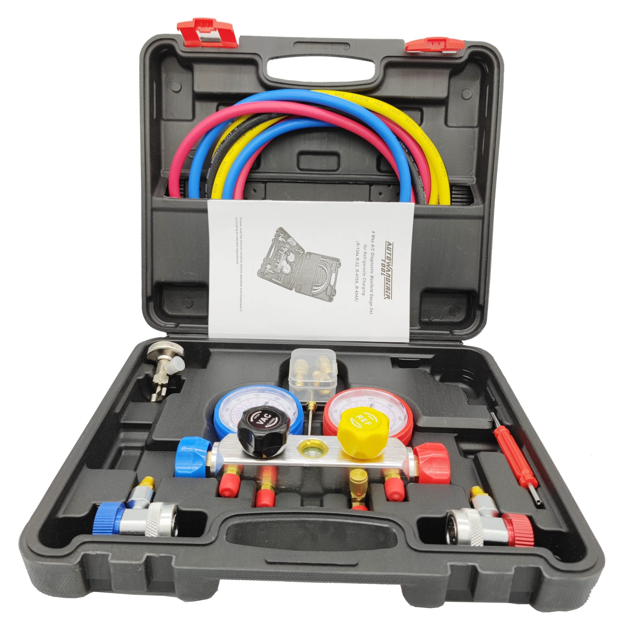4-Wege-AC-Verteiler-Messgerät-Set HVAC-Diagnose-Freon-Ladewerkzeug for den Autohaushalt R134A R22 R410A 5FT-Schlauch-Schnellkupplung Für Heimwerker