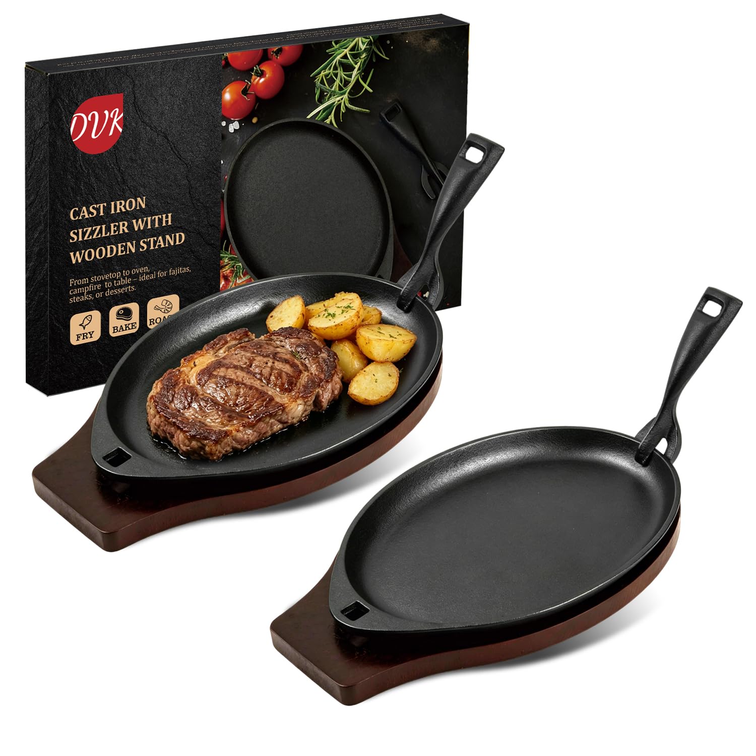 DVK Cast Iron Fajita Plate Set - Sizzling Skillet -1