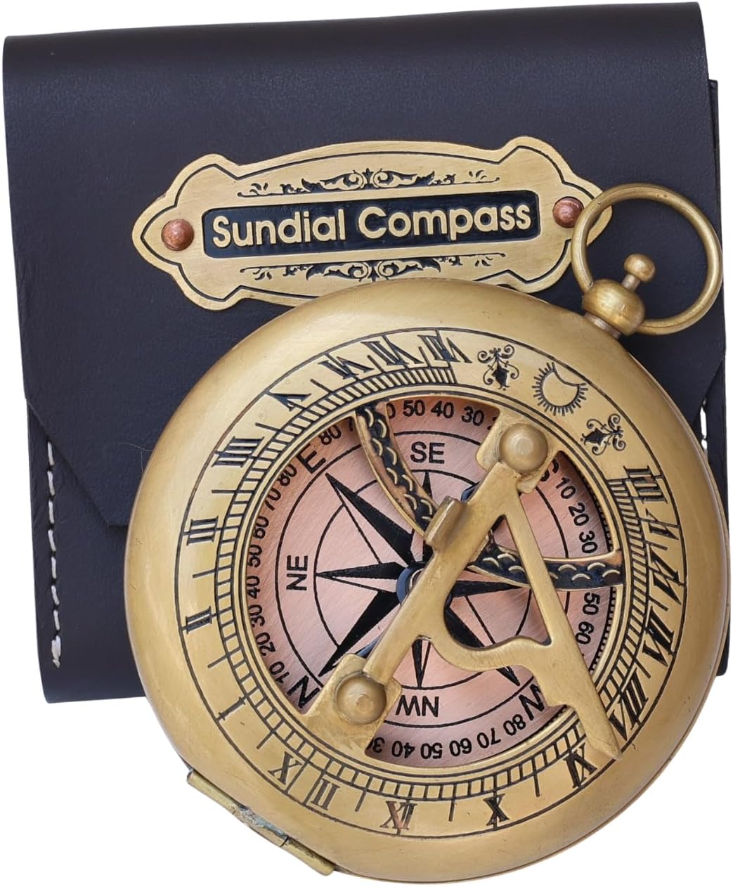 Brass Sundial Compass with Leather Case and Chain - Push Open Compass - Steampunk Accessory – Unique Gift for Men - Beautiful Handmade Gift - Sundial Clock – Sun Clock – Steampunk Clock