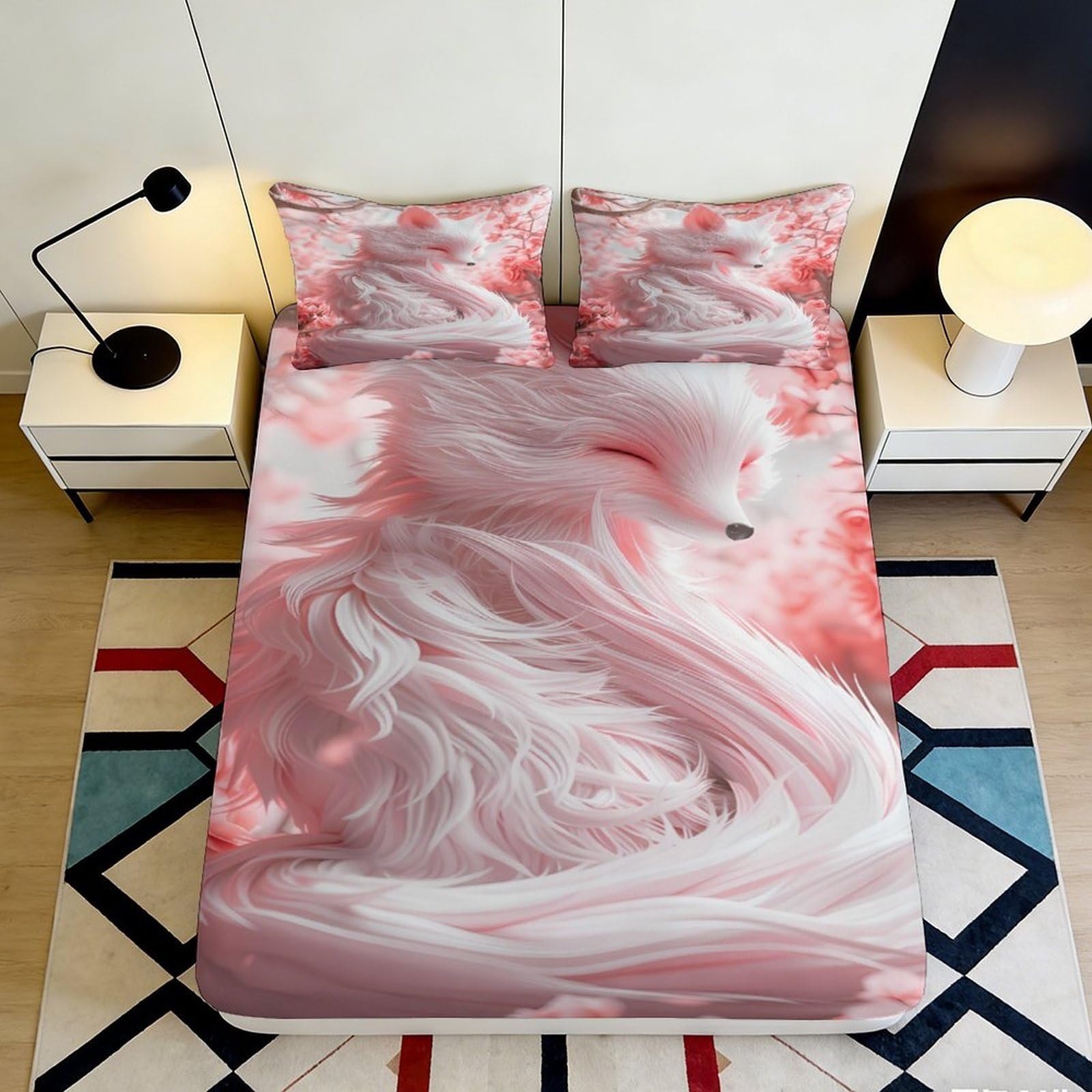 3D Printed Dream Fox Fitted Sheet Microfiber Deep Pocket Non-Slip Bedroom Bedding Dream Fox Mattress Fitted Cover Washable 200x200x25cm