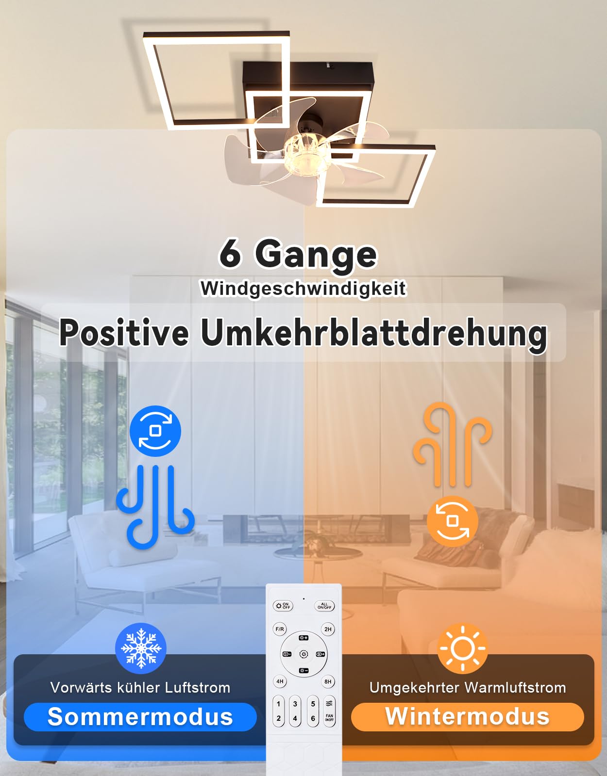 Homefire Moderne Deckenlampe mit Ventilator 68cm - Deckenventilator mit Beleuchtung 6-Gang LED Deckenventilatoren mit Licht Dimmbar mit Fernbedienung Timer für Wohnzimmer Esszimmer | Beleuchtung, 6 Geschwindigkeiten LED Deckenventilator mit Beleuchtung, D
