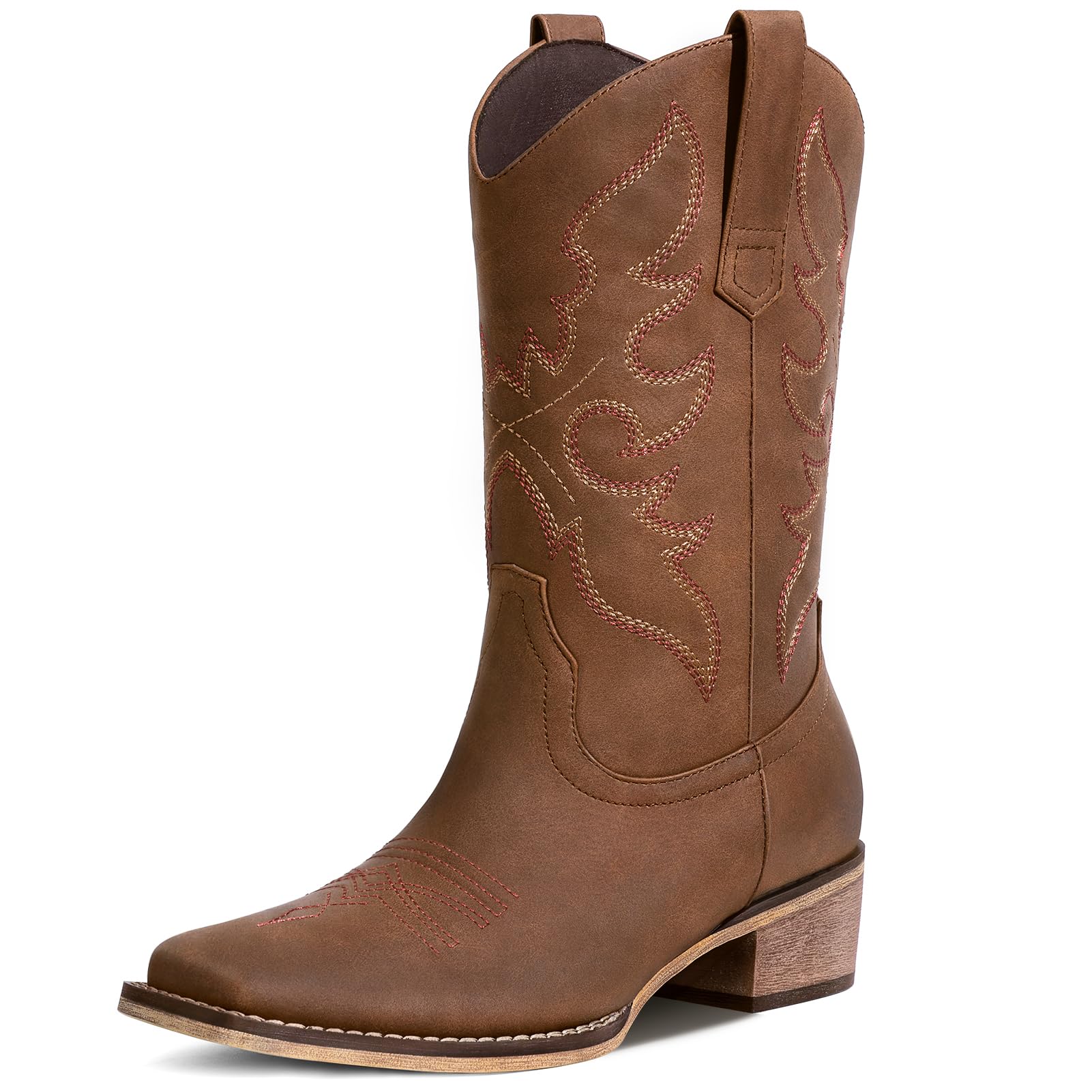 Dark Brown Cowboy Boots for Women Square Toe - Mid Calf Western Cowgirl Boots with Embroidery Pull On