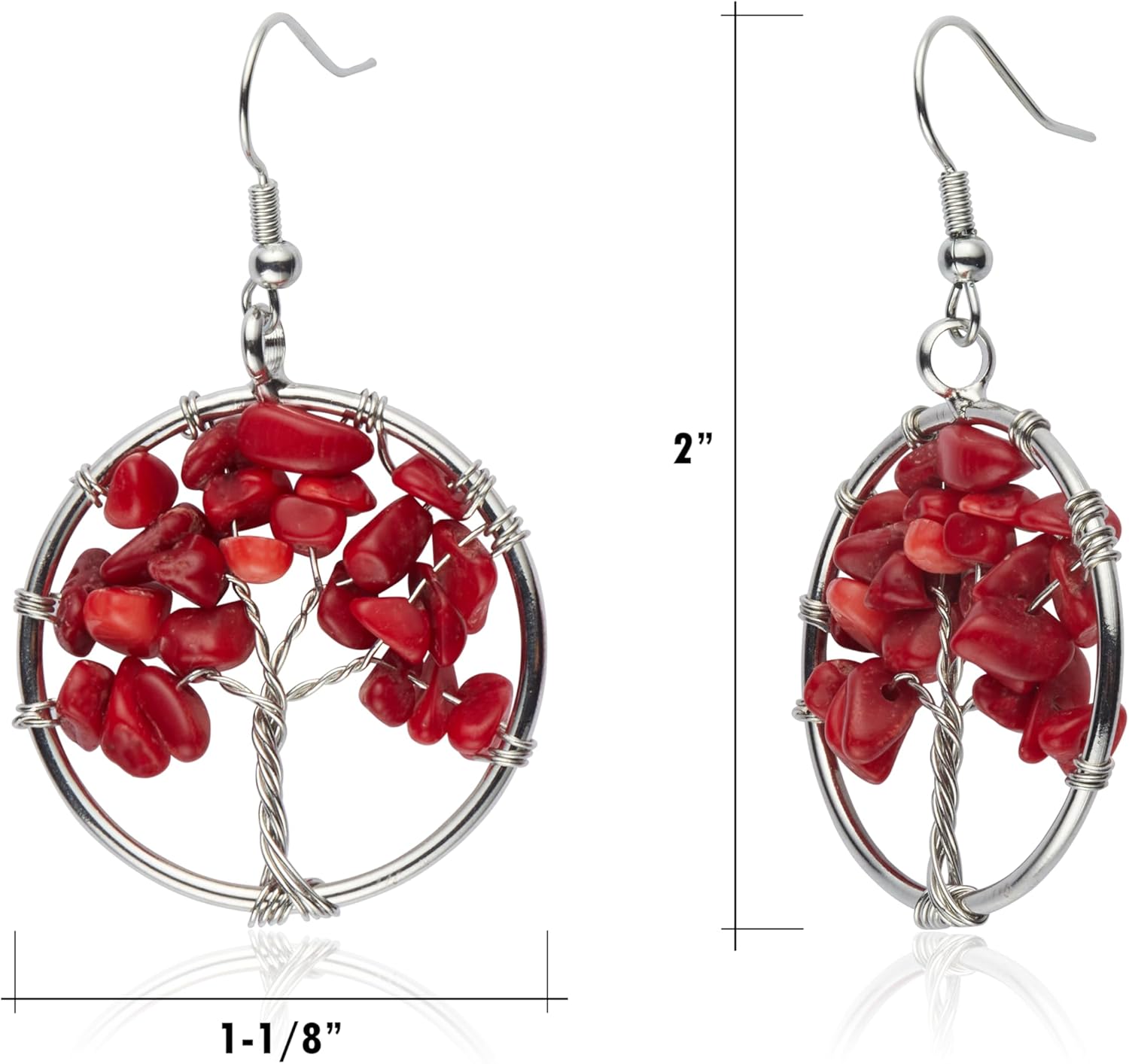 Red Coral and Silver Hoop Earrings for Women Dangling - Genuine - Natural Stone Chip - Rustic - Tree of Life - Large Hoops - Dangle - Family Tree - Handmade Jewelry - Unique Gifts for Women - Anniversary - Valentine's Day - Graduation - Teacher Appreciation Gift - Back to School