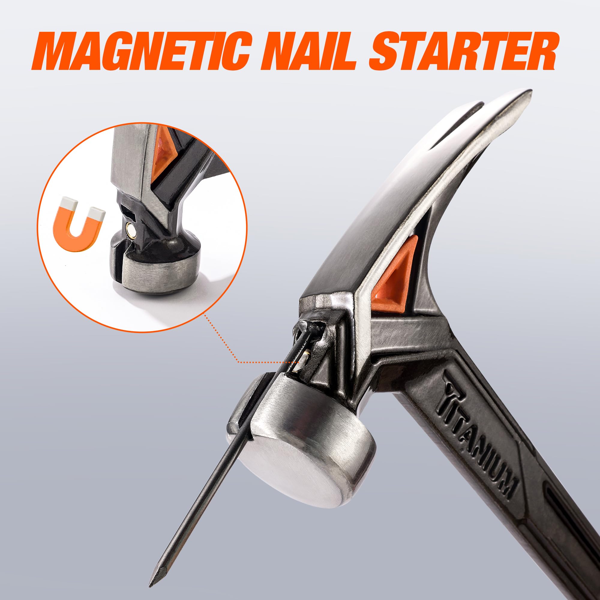 Vanquish 325 ml tytanowy młotek kadrowy z gładką twarzą, jednoczęściowy, kuty młotek z magnetycznym uchwytem na gwoździe i gumowym uchwytem - 0536