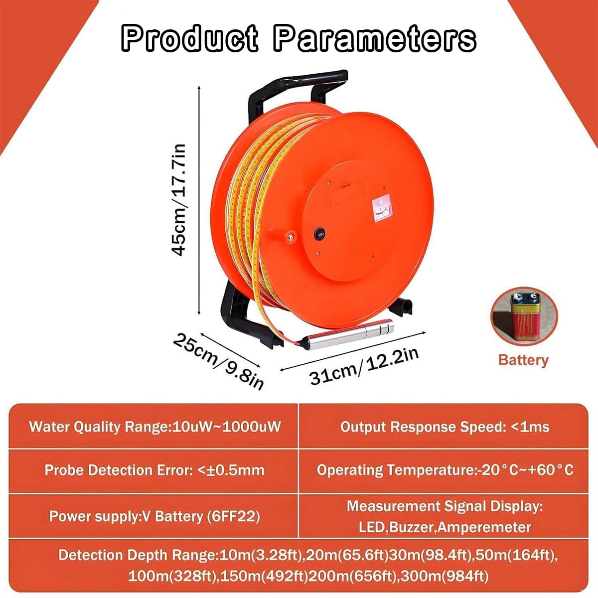 Medidor De Inmersión para Pozos,Indicador De Pico 10m | Rango De Medición Ajustable 10–300 M,Sonda Fija De Acero Inoxidable,Cinta De Acero Resistente,Señal Luminosa Y Aviso Acústico