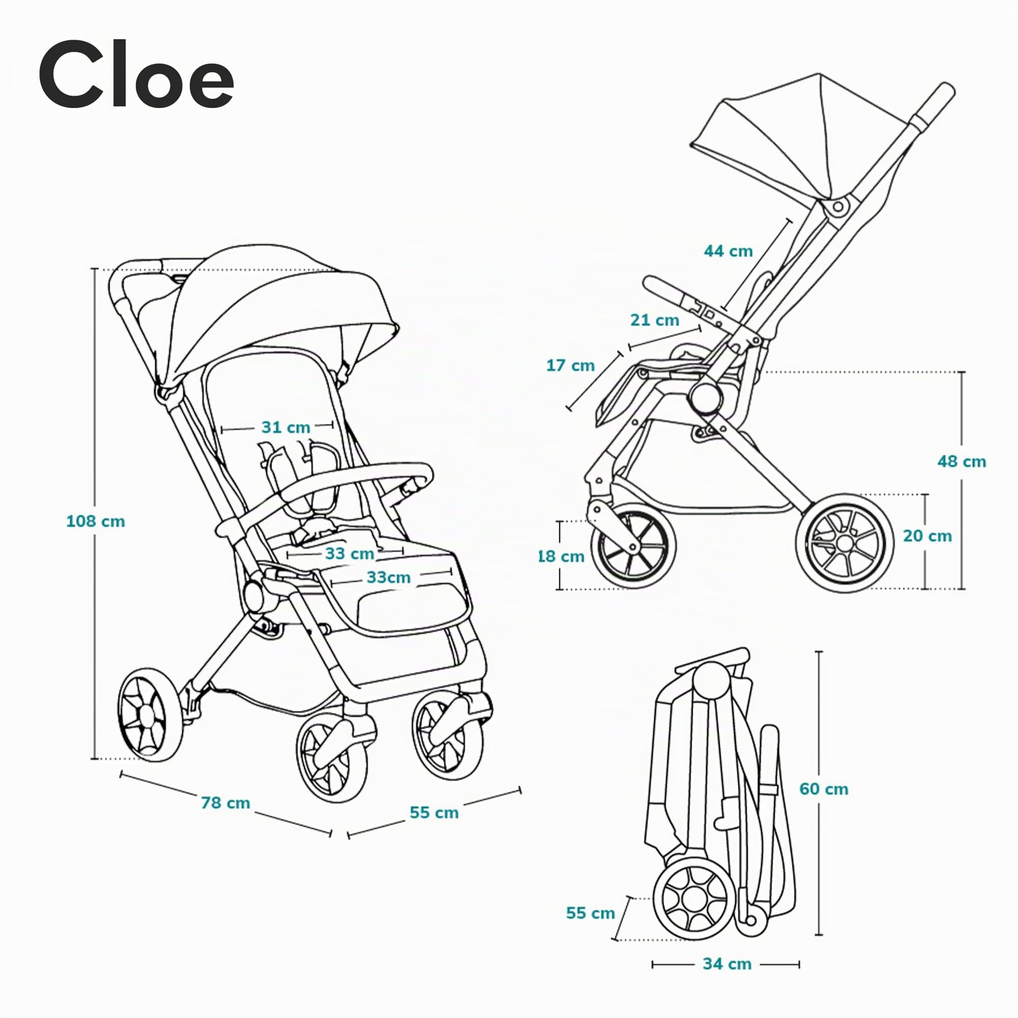 LIONELO Cloe Passeggino Leggero e Pieghevole per bambini da 6 a 48 Mesi | Passegino Compatto fino a 22 kg, Schienale Reclinabile, Posizione Distesa, Cinture a 5 Punti, Ruote XXL, Zanzariera