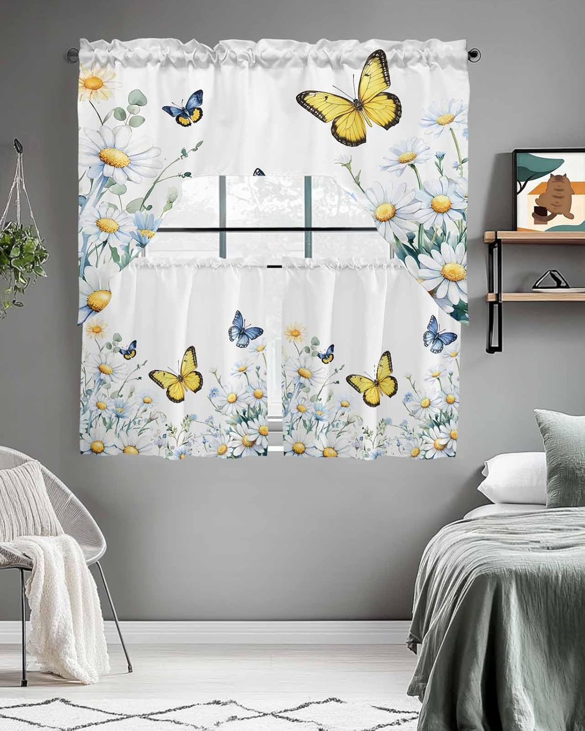 Tier and Swag Window Curtain Set,Watercolor Daisy Flower Butterfly Kitchen Valance Tier Curtains 3 Pieces Set,Green Leaf Plant on White Rod Pocket Valances Window Treatment for Living Room Bedroom