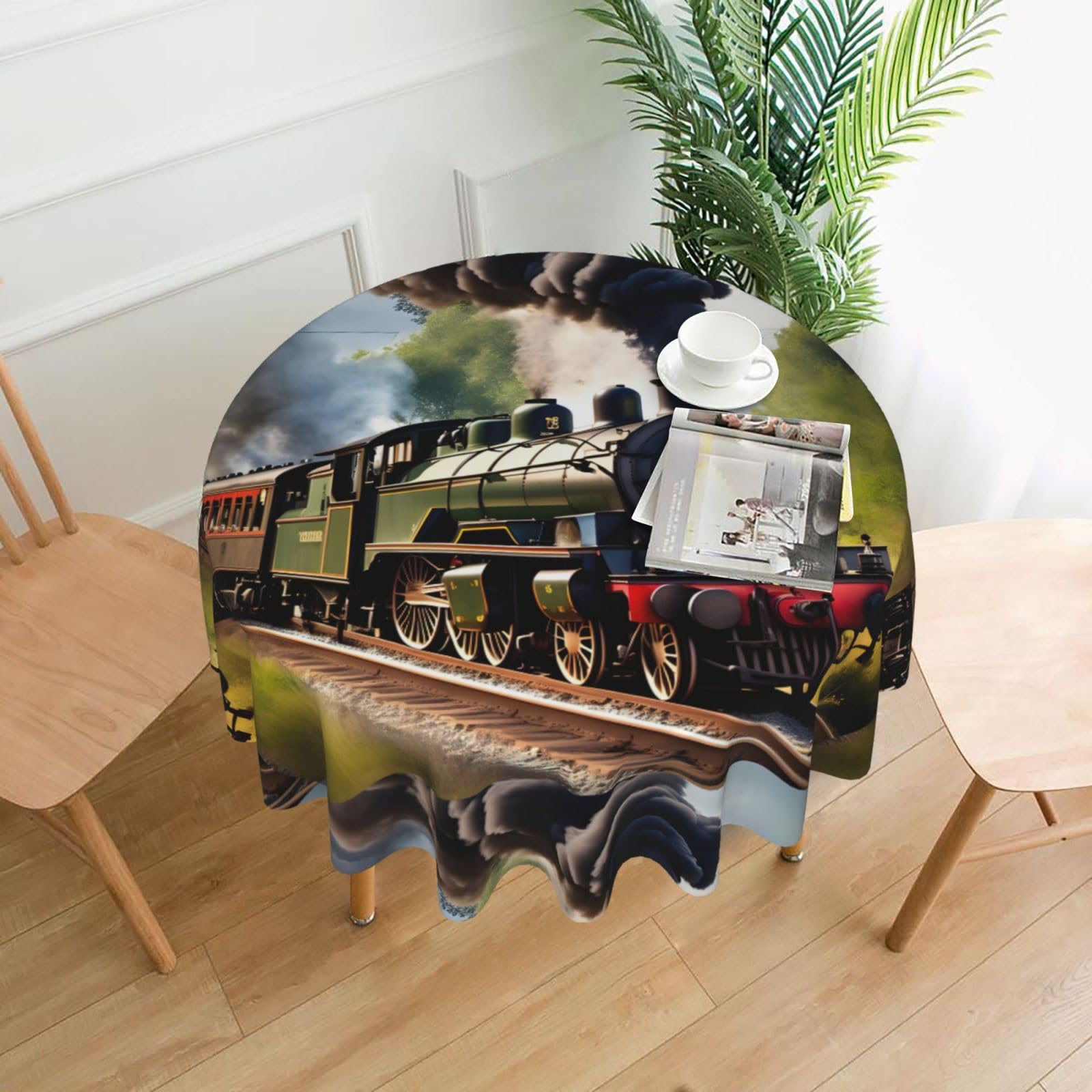 Nbtghga Steam Little Train Print Tablecloth Round Border Table Cloth Cover Decorative For Party Holiday Dinning Tabletop Home