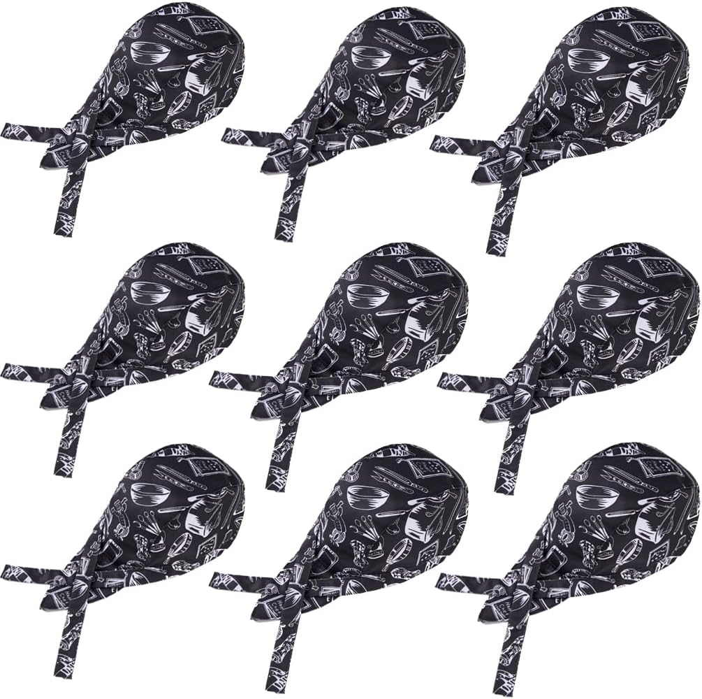 9 PCS Chef Hats for Men &Women Cooking Cap with Ties Black Skull Cap Sushi Chef Hat Bandana for Kitchen Cooking Service