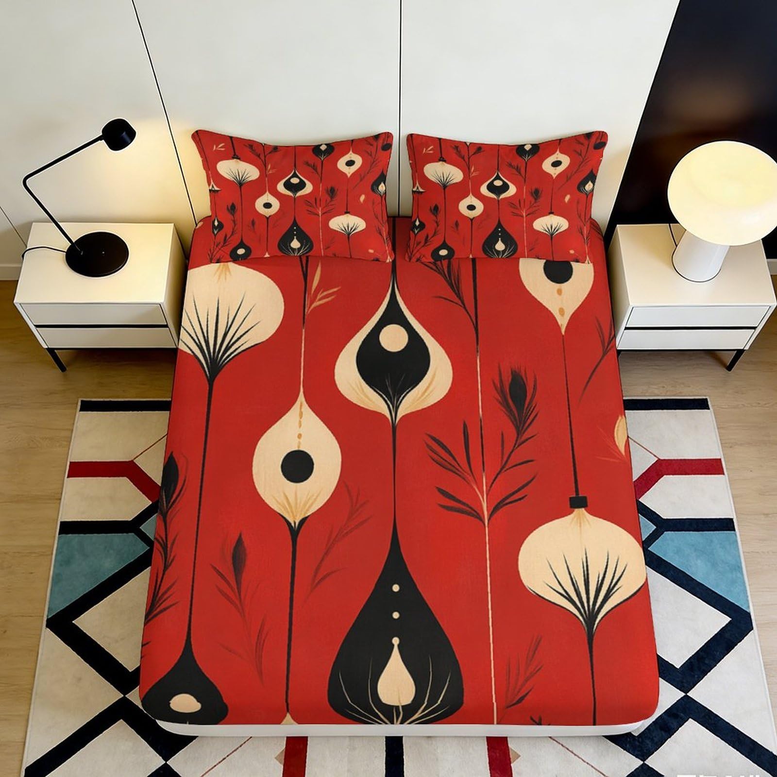 Pnayamiorkfel Style-1 3D Printed Abstract Botanical Fitted Sheet Microfiber Red Pattern Mattress Cover For Bedroom Guest Room Decor Dustproof 90X200x25cm