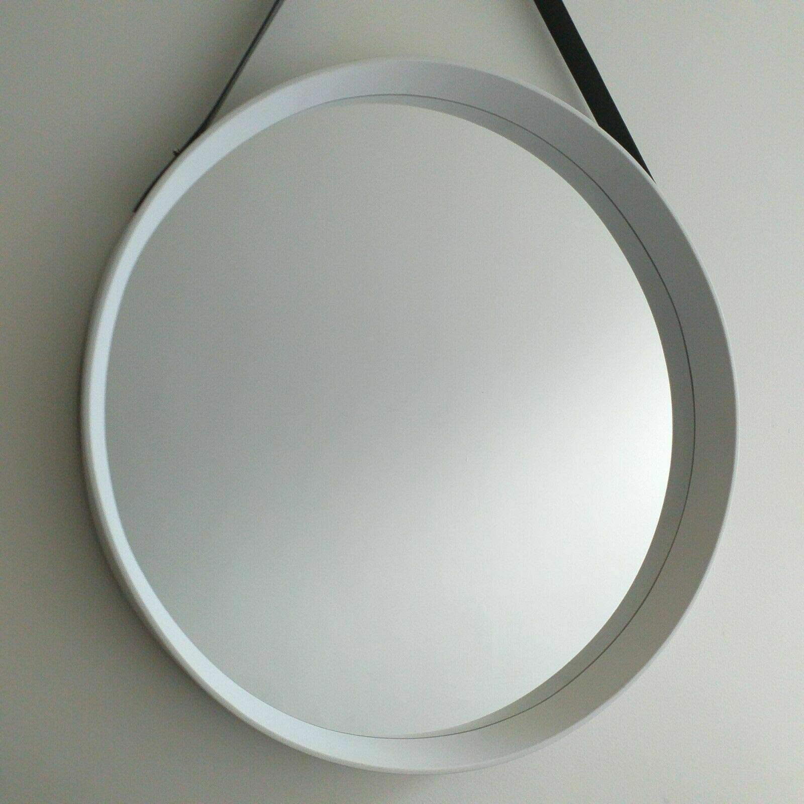 LARGE ROUND WALL MIRROR 52CM WHITE ROUND HANGING MIRROR WITH FAUX LEATHER STRAP HOME LIVING DECOR GIFT NEW
