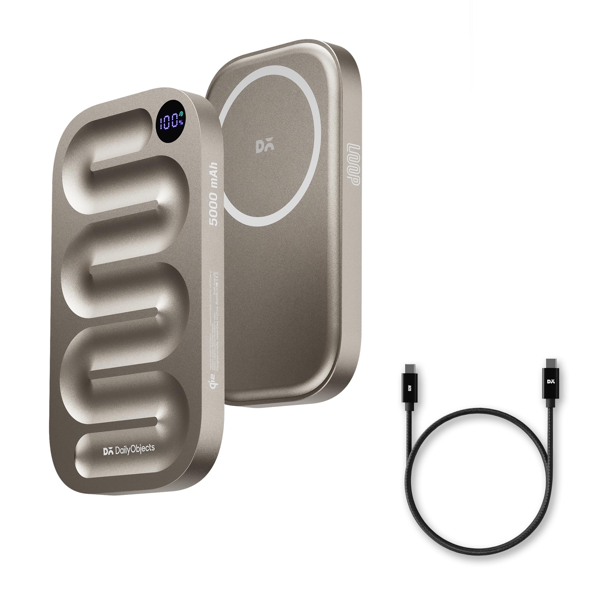 DailyObjects Titanium Loop Qi2 MagSafe Power Bank 5000 mAh & Kevlar Core USB-C 60W Charging Cable - Combo