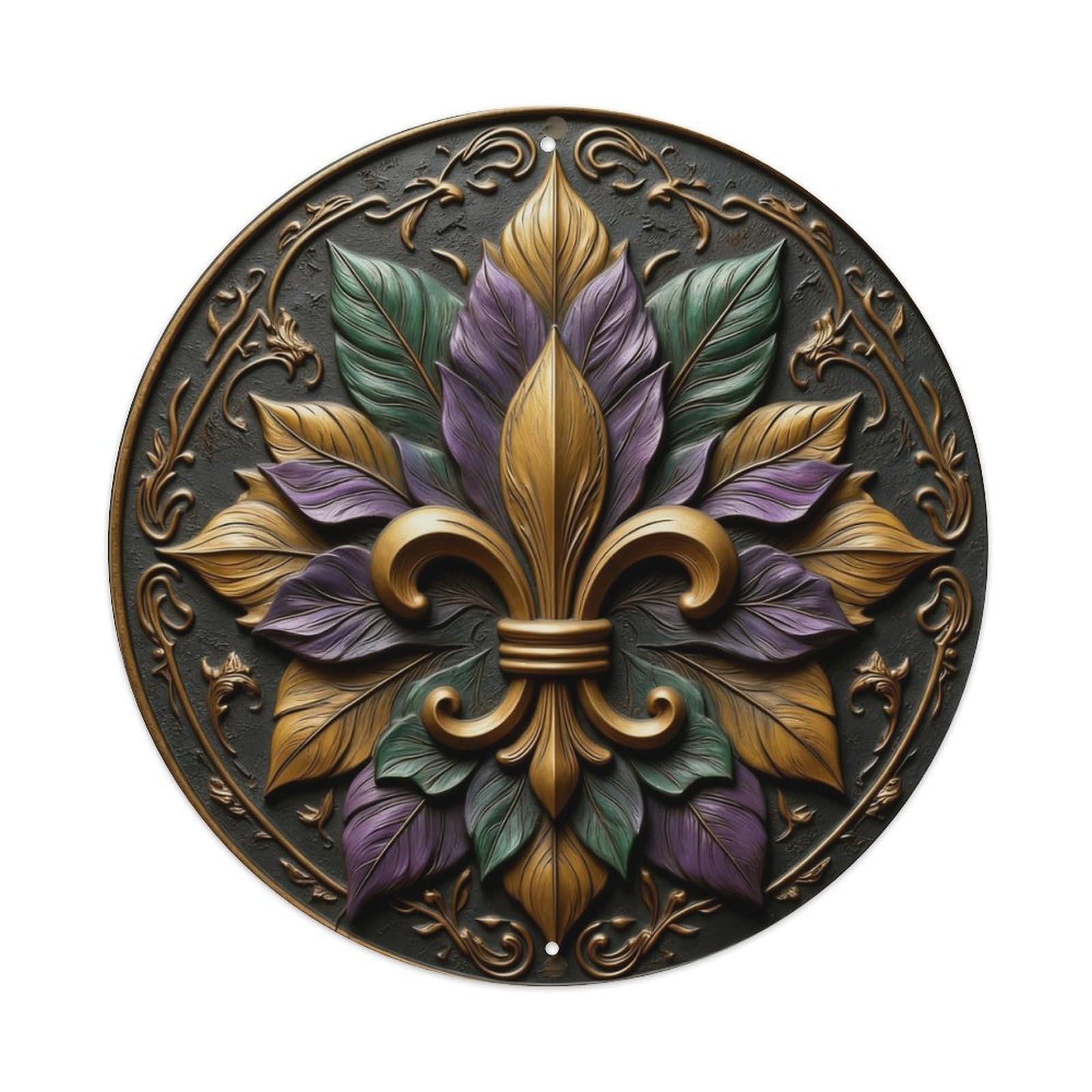 Fleur De Lis And Leaf Round Vintage Metal Tin Sign Retro Wall Decor Poster, Ideal for Home Office Living Room Bar Man Cave, 8x8 Inch