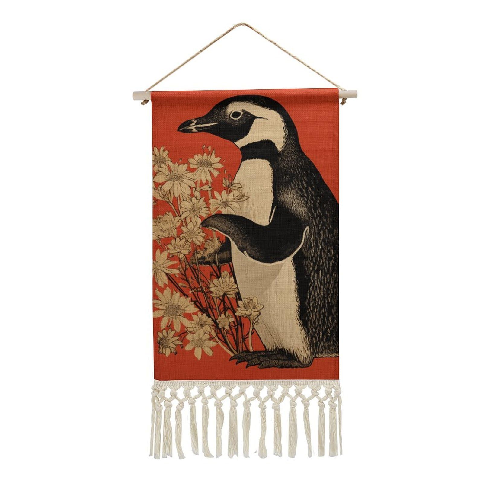FekiLoot Penguin Holding Flower Wall Art Poster Hanger Frame Vertical Tassel Tapestry Cotton Linen Hanging Poster Decorative Wall Art Prints Vintage Wall Art Decor for Home Bedroom Living Room Office