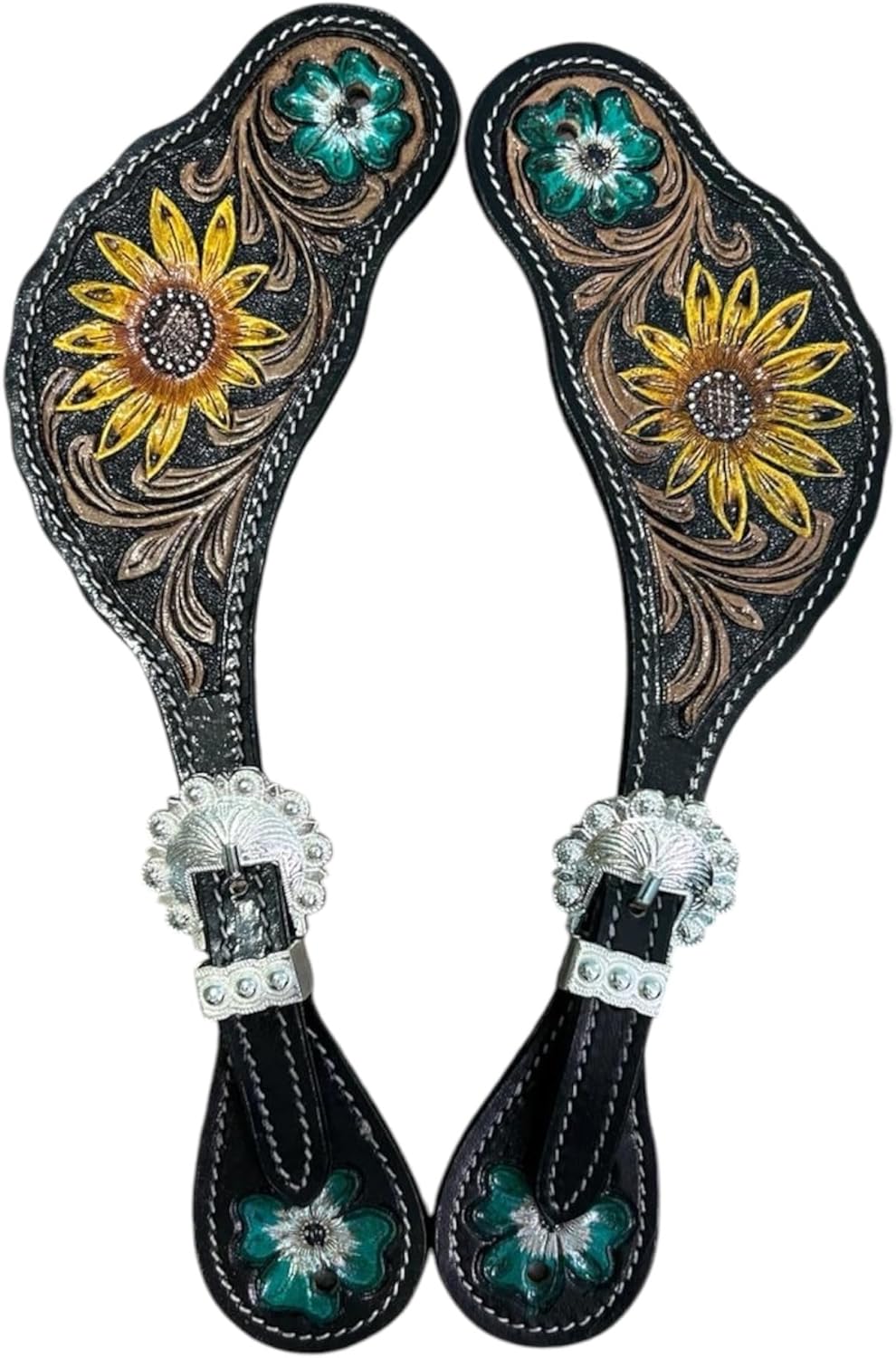 Majestic Ally Western Spur Straps, Genuine Leather, Antique Hand Tooling, Adjustable Stainless Steel Buckle