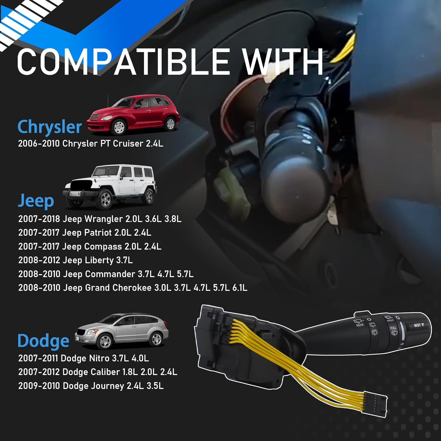 Multi-Function Windshield Wiper Switch Compatible with 2006-2018 Chrysler PT Cruiser Jeep Wrangler Patriot Liberty Commander Grand Cherokee Dodge Nitro Caliber Journey Replaces WP409